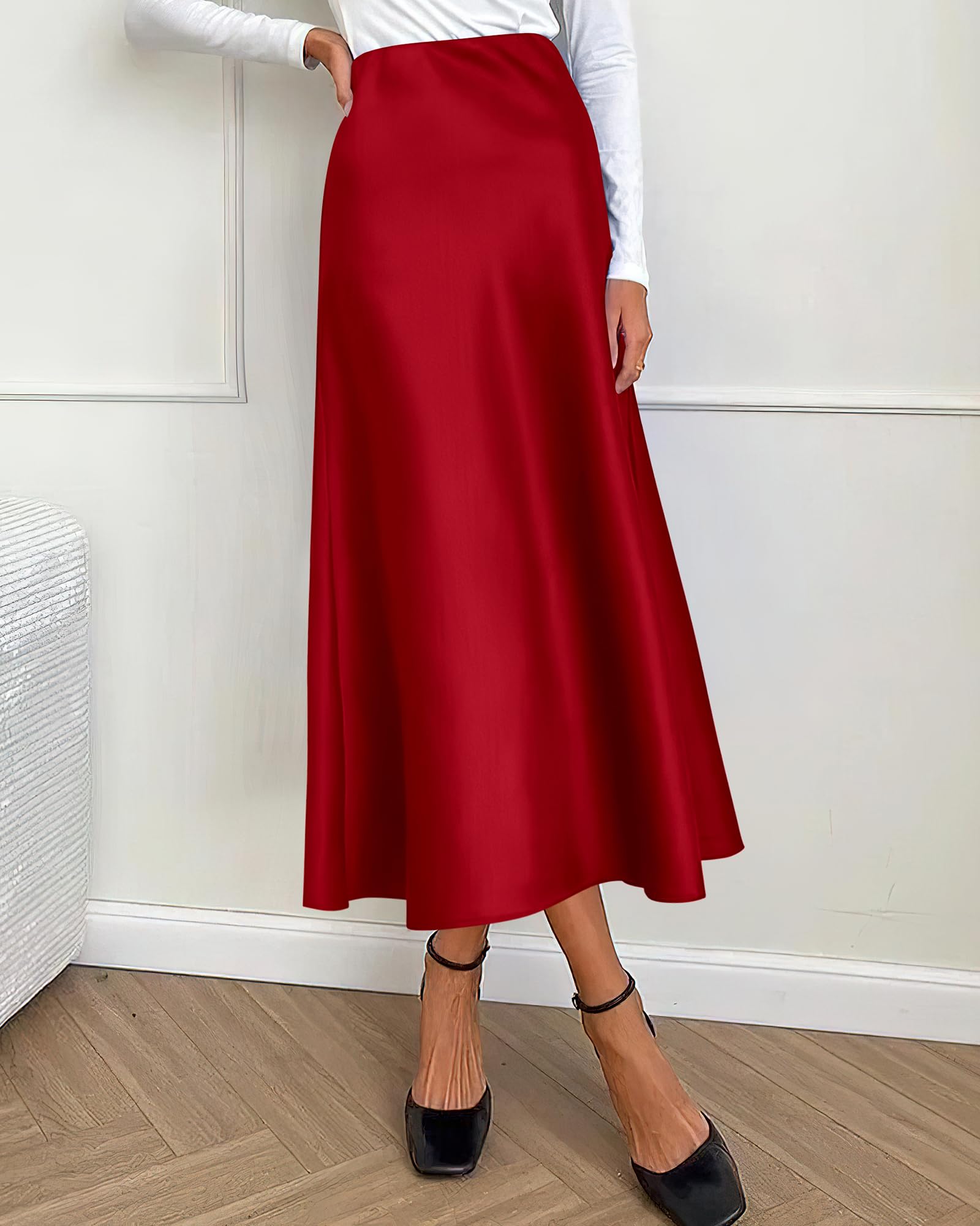 BTFBM Summer Womens Skirts Silk Elegant High Waist Flowy Long Satin A-Line Midi Skirt Cocktail Wedding Party