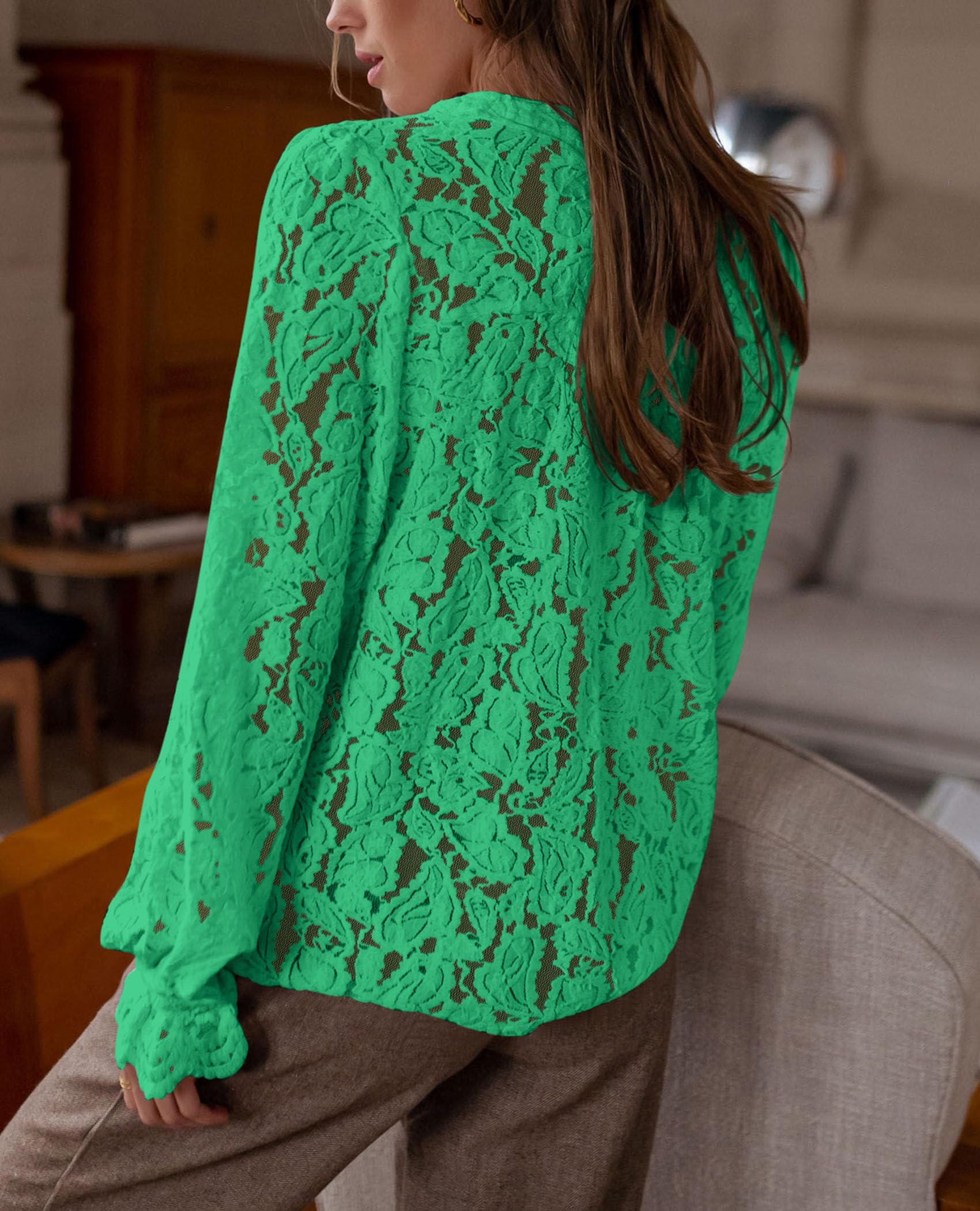 PRETTYGARDEN Women's Dressy Casual Lace Blouse Long Sleeve Button Up Shirts Tops Spring Fall Fashion Clothes