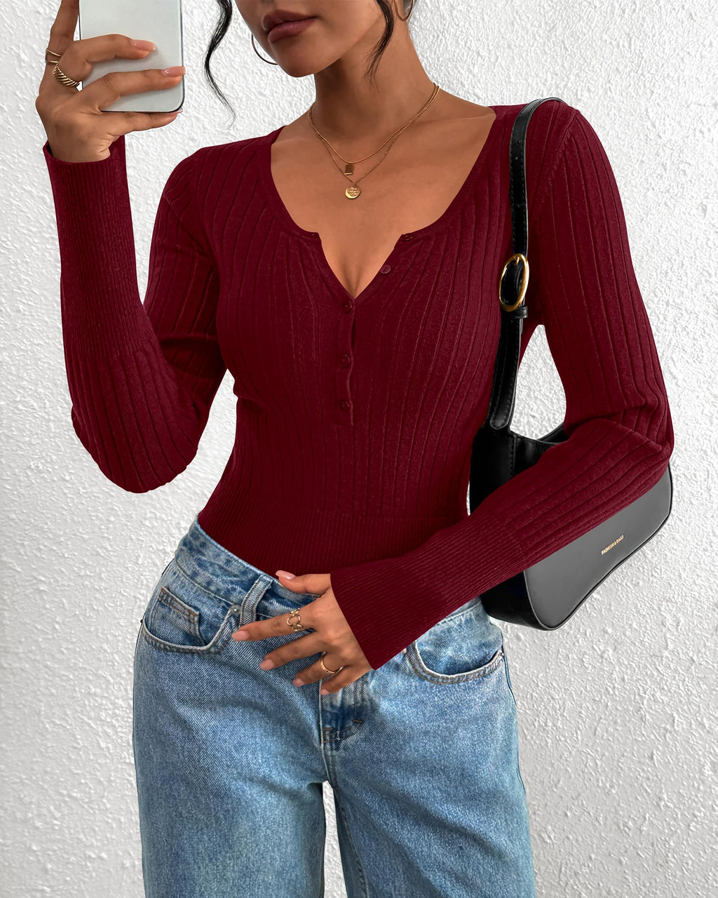 FreshPretty Fall Sweaters for Women Lightweight Long Sleeve Henley Shirts Button Up Knit Basic Slim Fit Going Out Tops