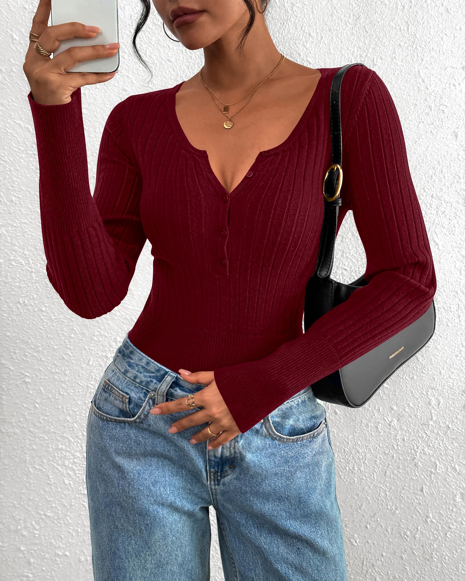 FreshPretty Fall Sweaters for Women Lightweight Long Sleeve Henley Shirts Button Up Knit Basic Slim Fit Going Out Tops