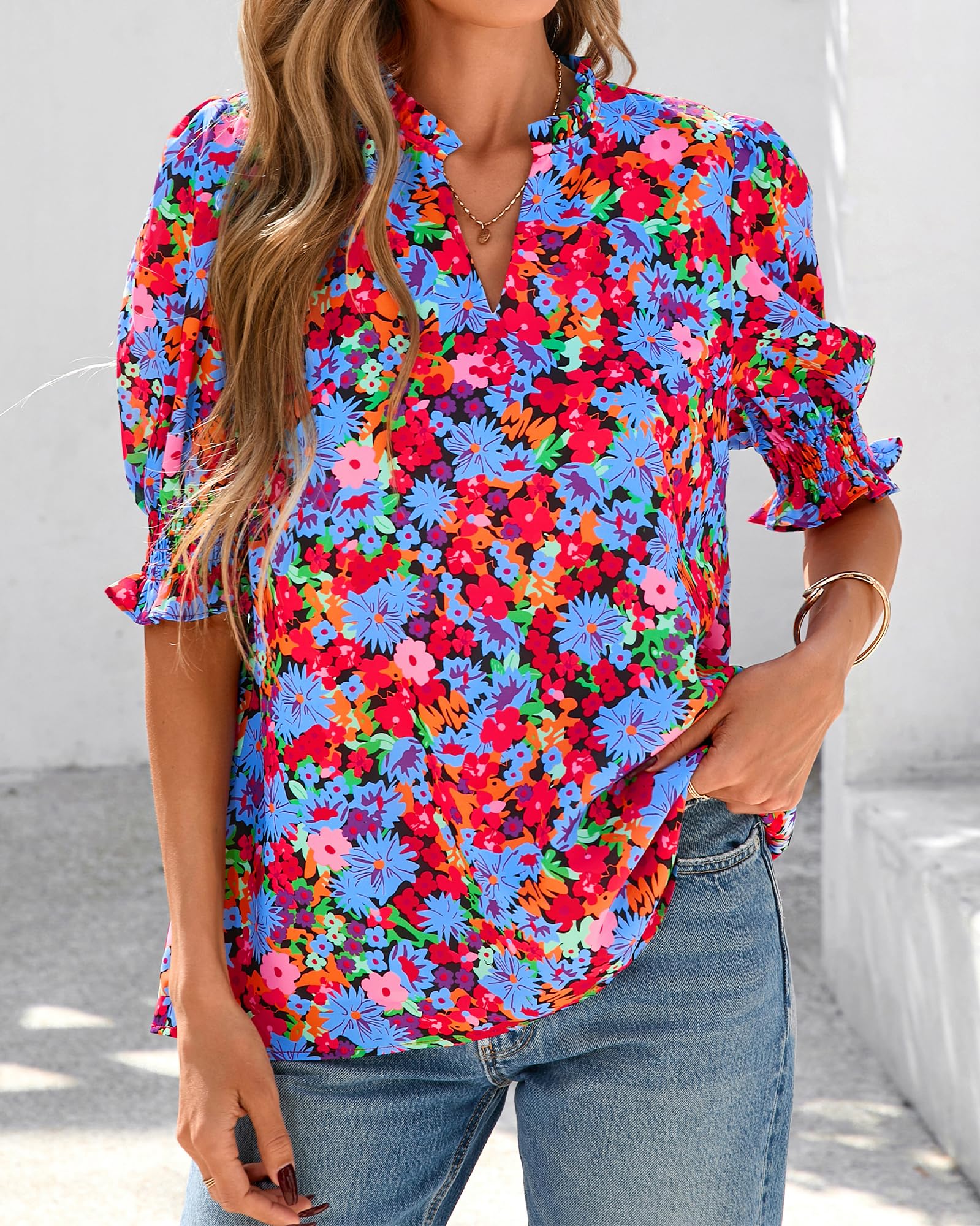 BTFBM Summer Blouses for Women Dressy Casual Fashion Spring Tops Floral Boho V Neck Puff Short Sleeve Top Shirts