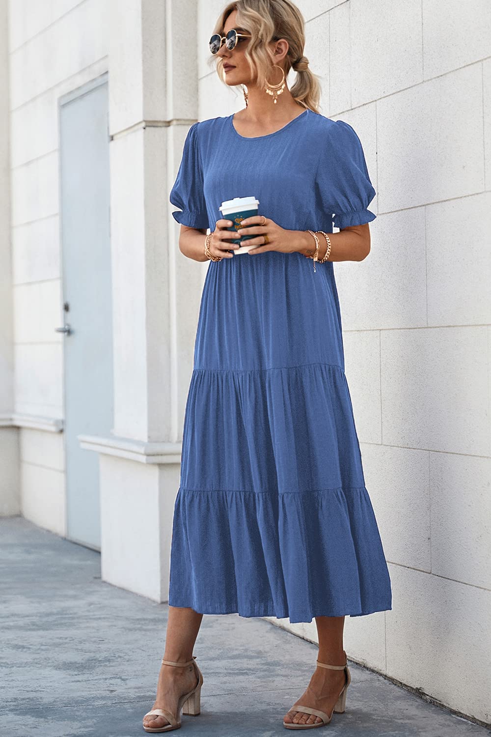 PRETTYGARDEN Summer Dresses for Women Casual Floral Boho Midi Sun Dress Puff Short Sleeve Flowy Beach Vacation Sundress