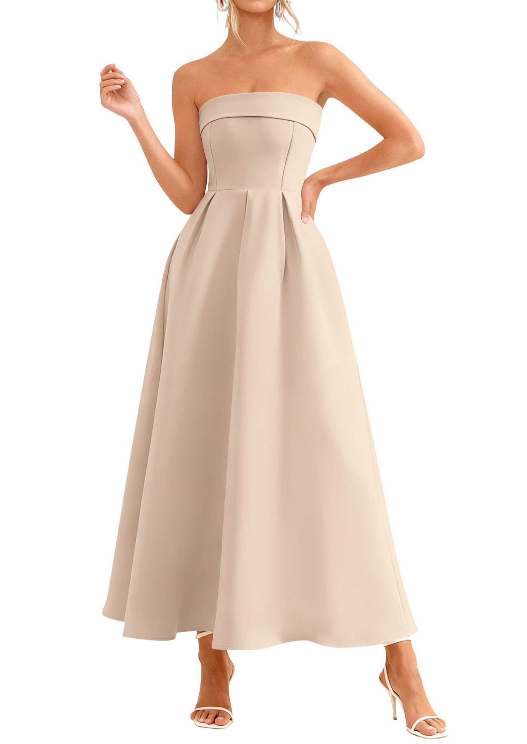 PRETTYGARDEN Cocktail Dresses for Women Summer Formal Elegant Tube Top Strapless Spring Wedding Guest Party Midi Dress