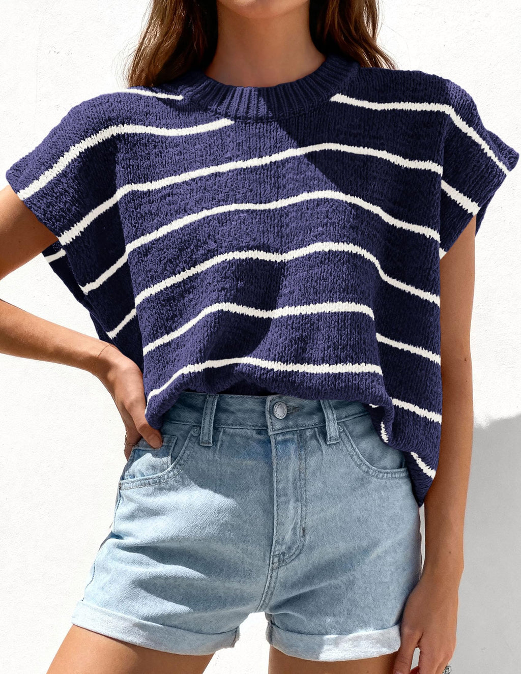 PRETTYGARDEN Womens Summer Short Sleeve Tops Trendy Crew Neck Striped Knit Sweater Business Casual Spring Clothes