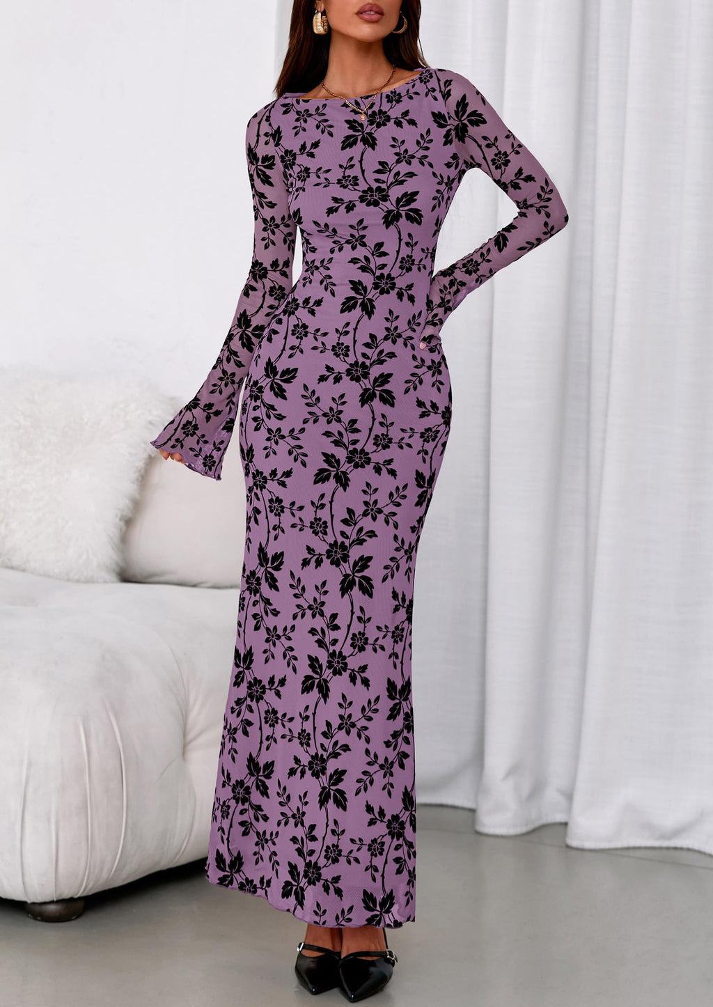 PRETTYGARDEN Women's Floral Bodycon Maxi Dress Fall Elegant Mesh Long Sleeve Formal Wedding Guest Cocktail Dresses