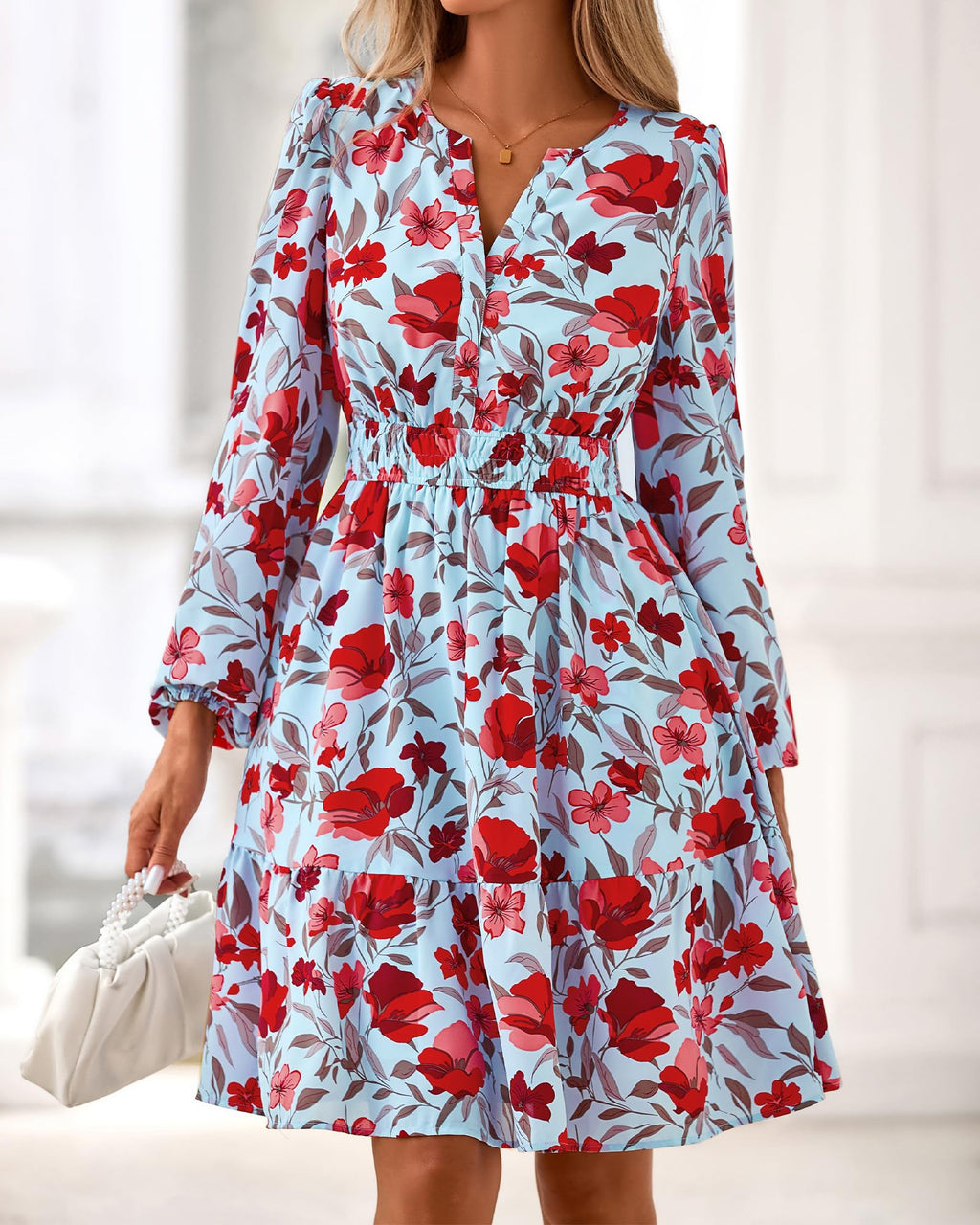 BTFBM Spring Dresses for Women Mini Long Sleeve Elastic Waist Summer Vacation Outfits Floral Wedding Guest Dress