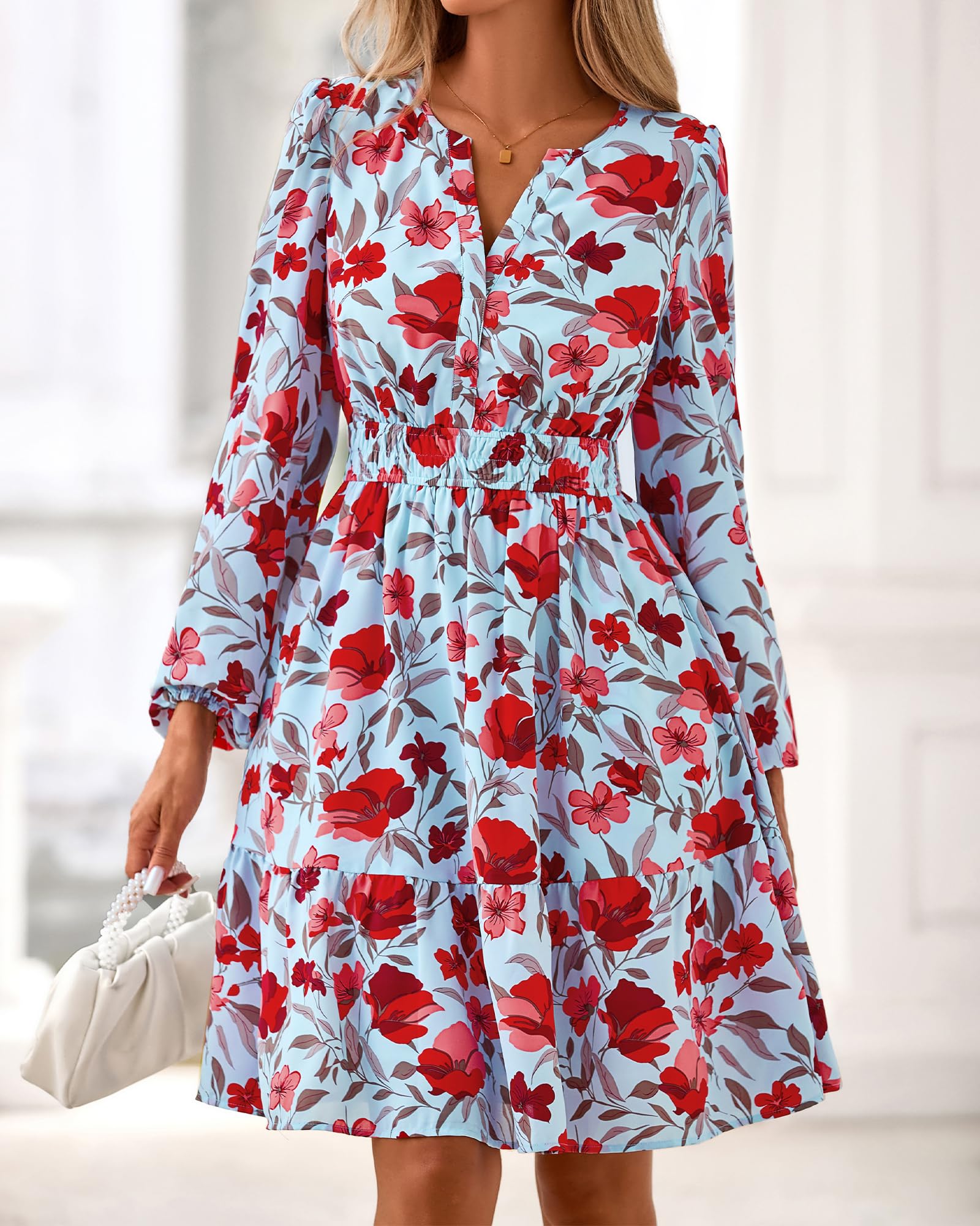 BTFBM Spring Dresses for Women Mini Long Sleeve Elastic Waist Summer Vacation Outfits Floral Wedding Guest Dress