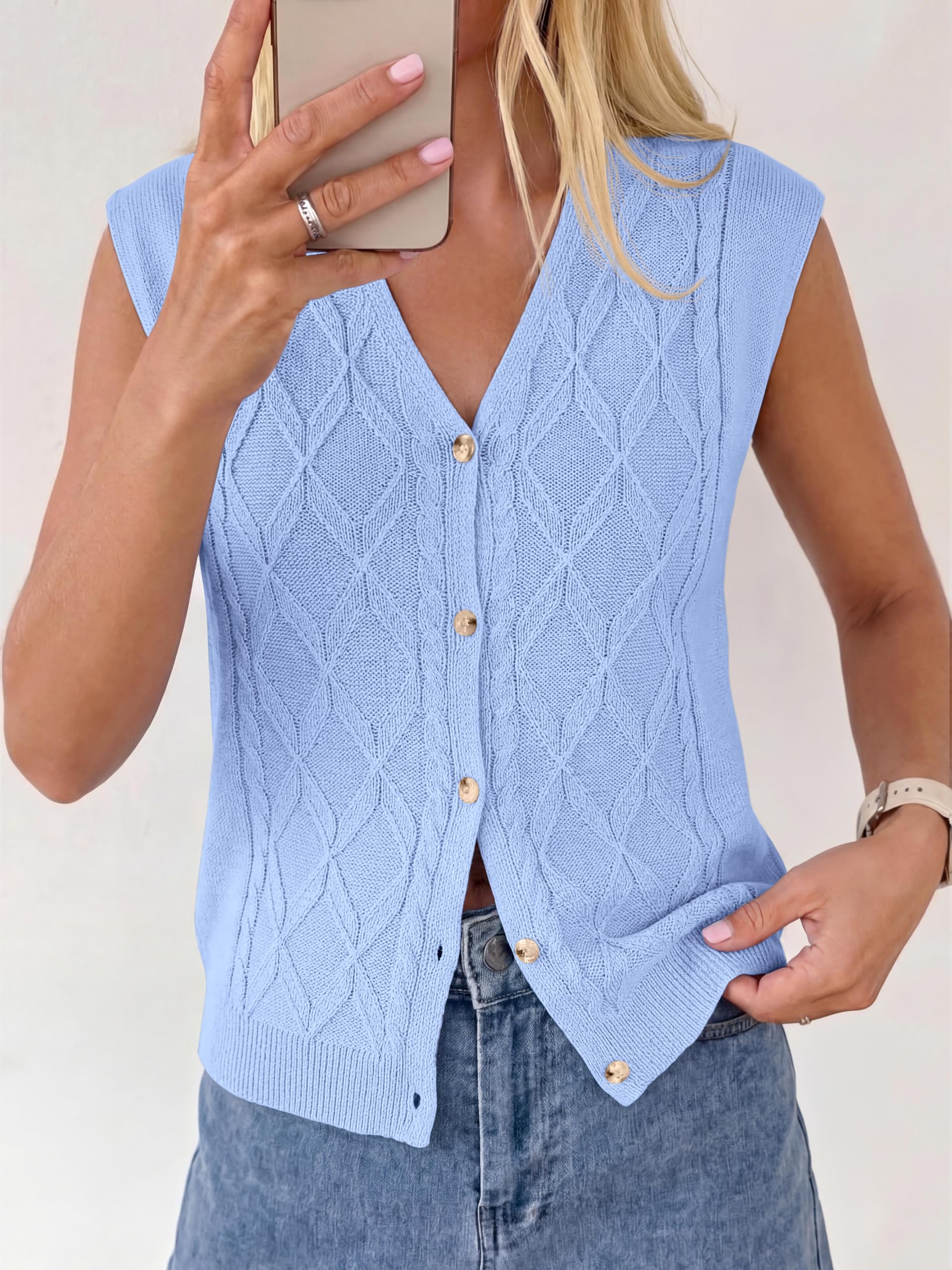BTFBM Vest Tops for Women Summer V Neck Button Loose Lightweight Cardigan Knit Cap Sleeve Sweater Vests Fashion Clothing