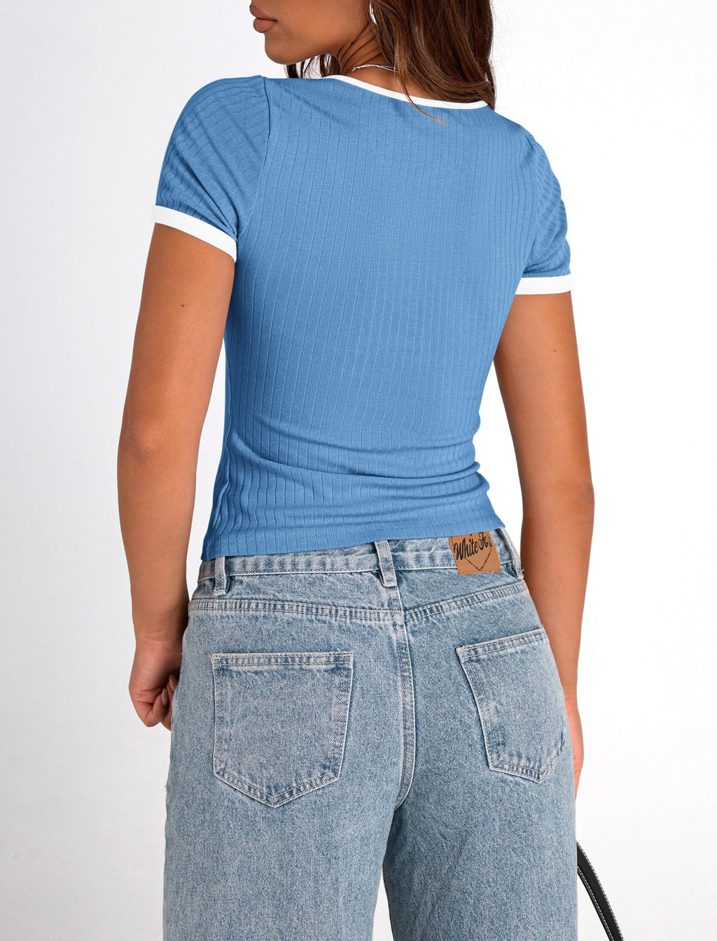 PRETTYGARDEN Women's Summer Short Sleeve T Shirts Ribbed Knit Square Neck Color Block Slim Fit Basic Casual Crop Tops Blouses