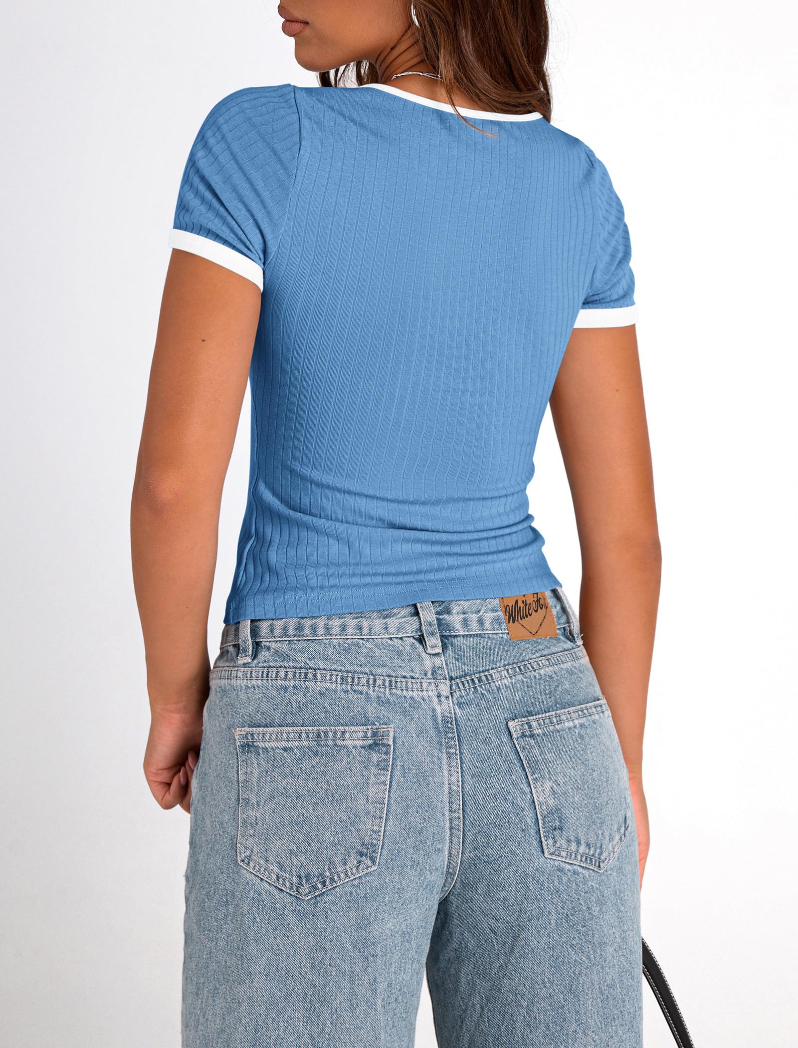 PRETTYGARDEN Women's Summer Short Sleeve T Shirts Ribbed Knit Square Neck Color Block Slim Fit Basic Casual Crop Tops Blouses