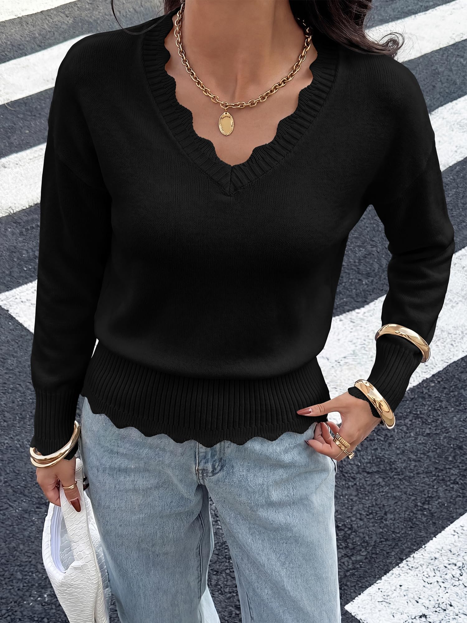 BTFBM Fall Long Sleeve Sweaters for Women | V Neck,Drop Shoulders,Scallop Edges,Lightweight Knit Sweaters Top,Daily Wear,Holiday,Christmas,Winter Clothing