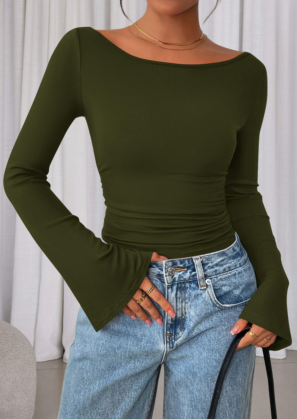 PRETTYGARDEN Women's Long Sleeve Shirts Fall Crop Going Out Tops Casual Boat Neck Bell Sleeve Ribbed Ruched Y2K Clothes
