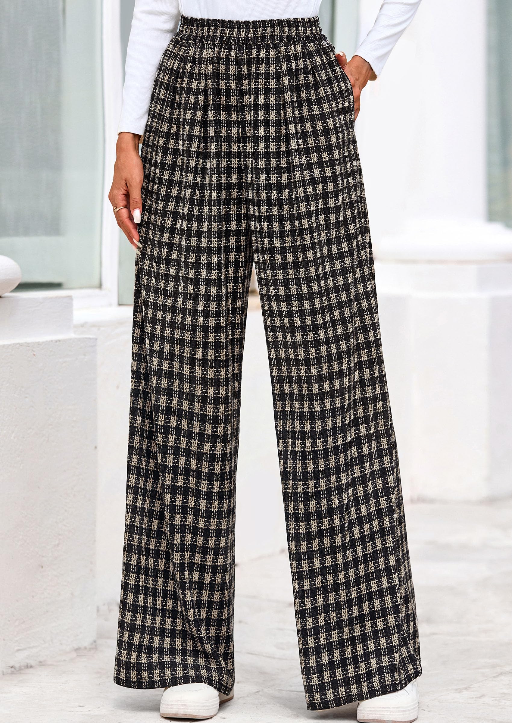 PRETTYGARDEN Casual Women's Pants Elastic Waist Palazzo Long Pajama Wide Leg Trousers Knit Fall Outfits with Pockets