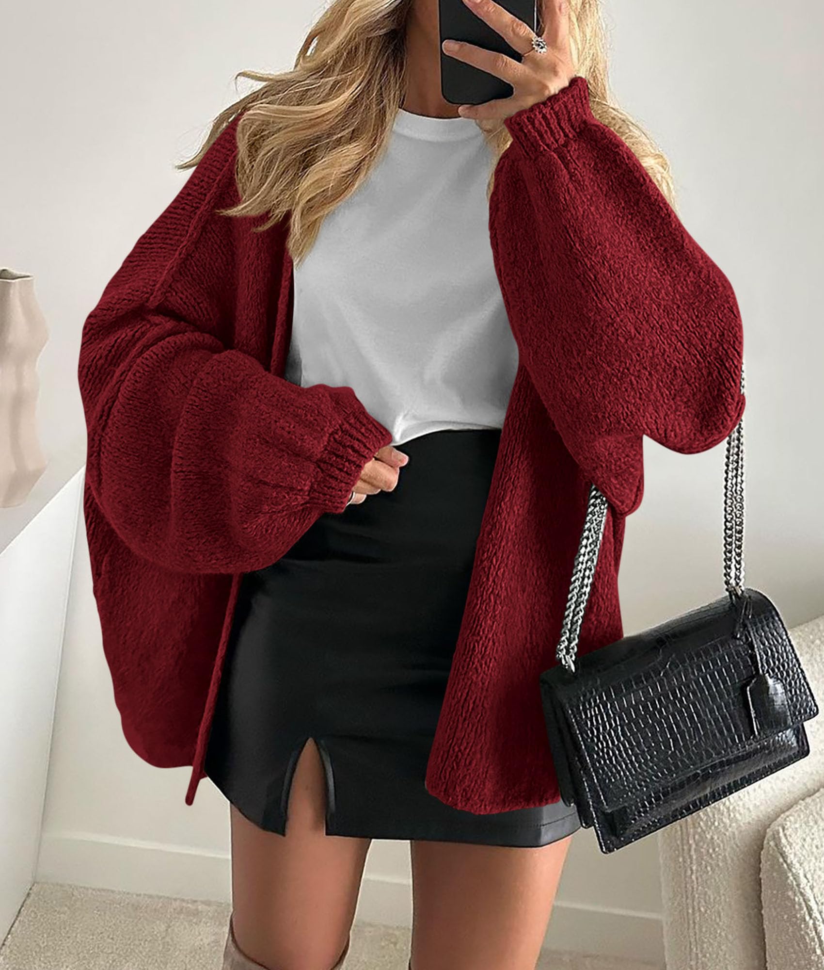 PRETTYGARDEN Womens Oversized Cardigan Sweaters Fall Long Lantern Sleeve Knit Open Front Lightweight Sweater