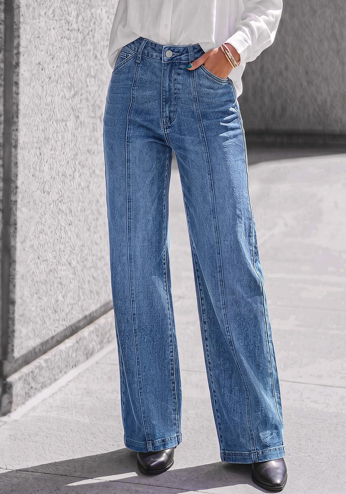 BTFBM Front Seam Stretchy Wide Straight Leg Jeans for Women Trendy Boyfriend Baggy Denim Jeans, High Waisted Palazzo Pants, 5-Pocket, Relaxed Fit, Full Length, Casual Bottoms, Fall Outfits