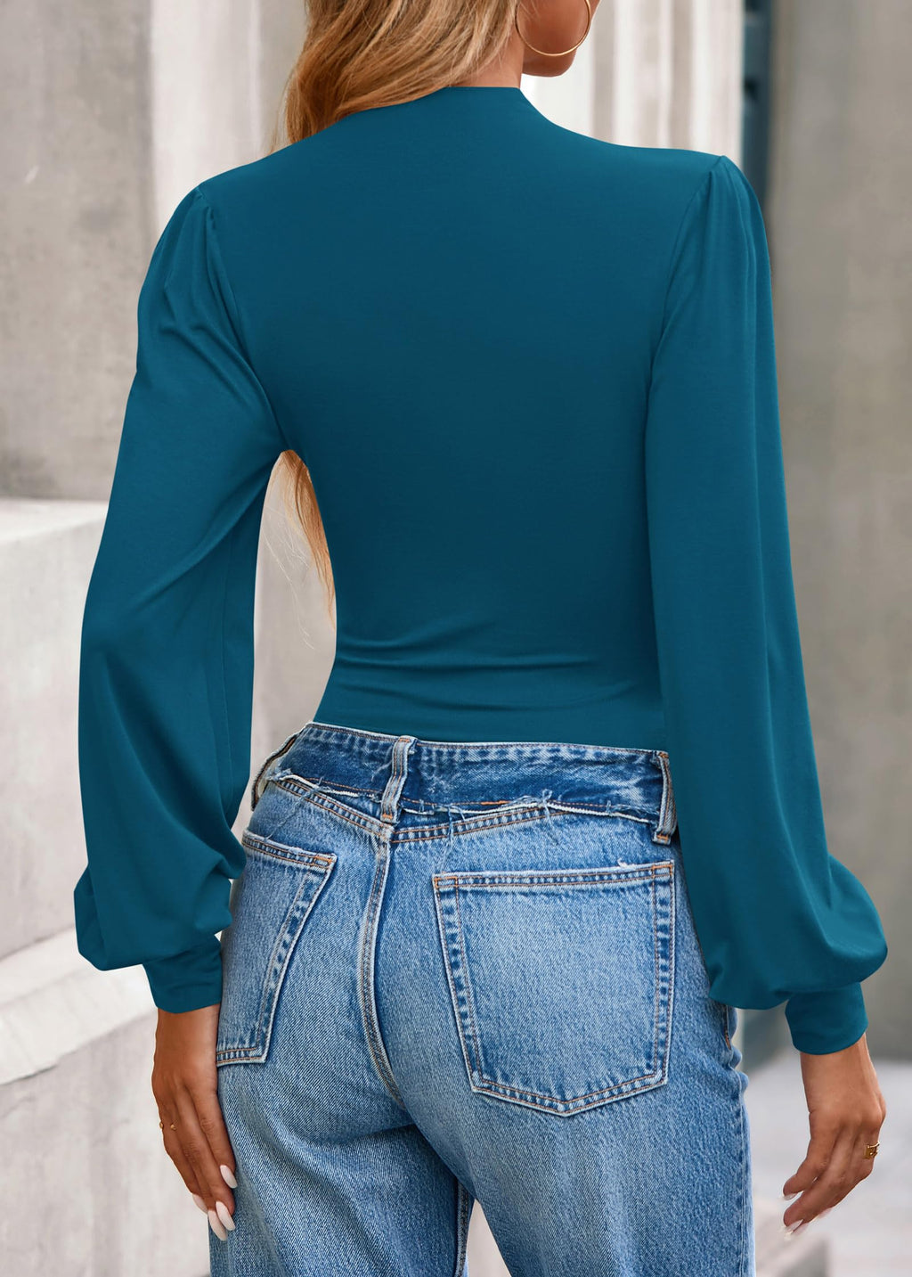 FreshPretty Blouses for Women Dressy Casual Spring Tops Fall Puff Long Sleeve Shirts Fitted Mock Neck Ruched Trendy Tops