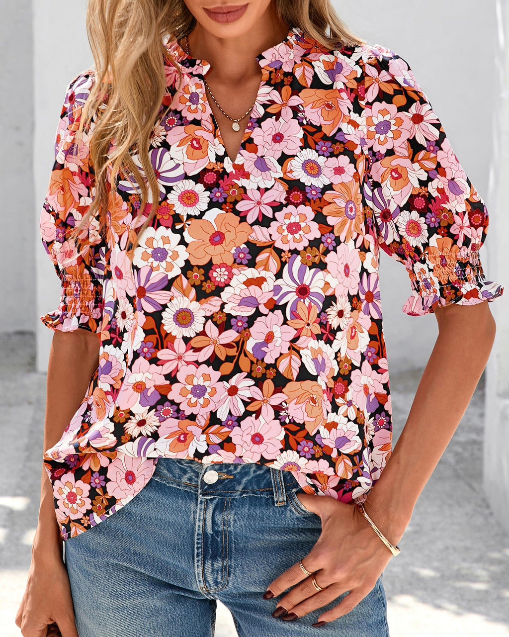 FreshPretty Summer Blouses for Women Dressy Casual  Fashion Spring Tops Floral Boho V Neck Puff Short Sleeve Top Shirts