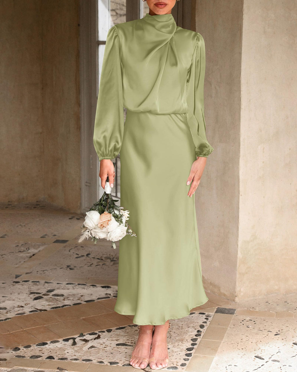 BTFBM Womens Mock Neck Satin Dress Spring Summer Long Sleeve Lightweight Formal Wedding Party Maxi Cocktail Dresses