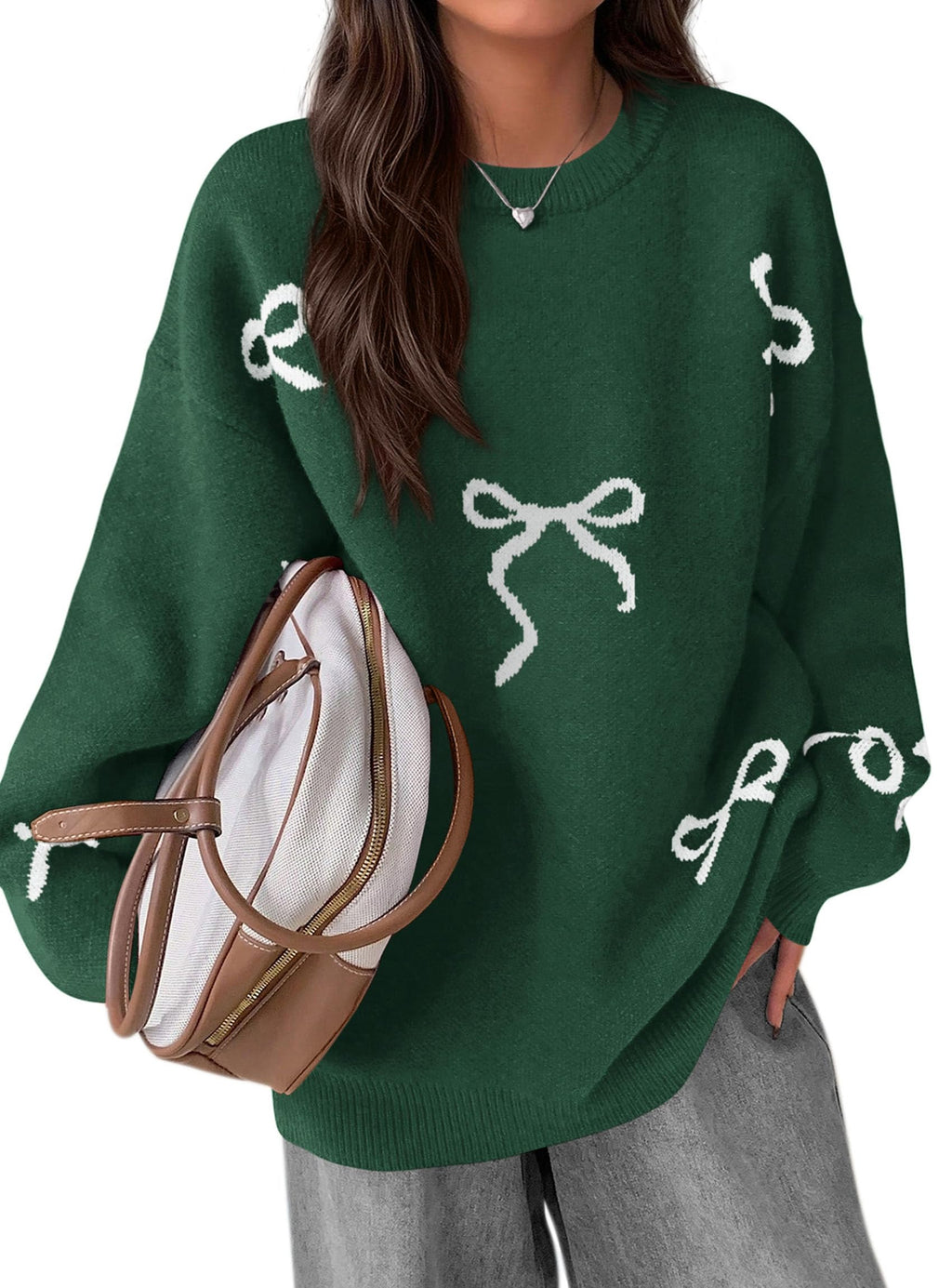 PRETTYGARDEN Fall Long Sleeve Pullover Sweaters for Women Trendy Crewneck Casual Cute Bow Chunky Knit Oversized Sweater