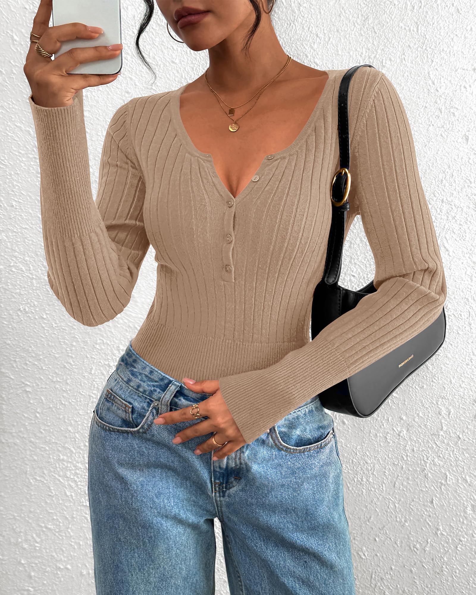 FreshPretty Fall Sweaters for Women Lightweight Long Sleeve Henley Shirts Button Up Knit Basic Slim Fit Going Out Tops