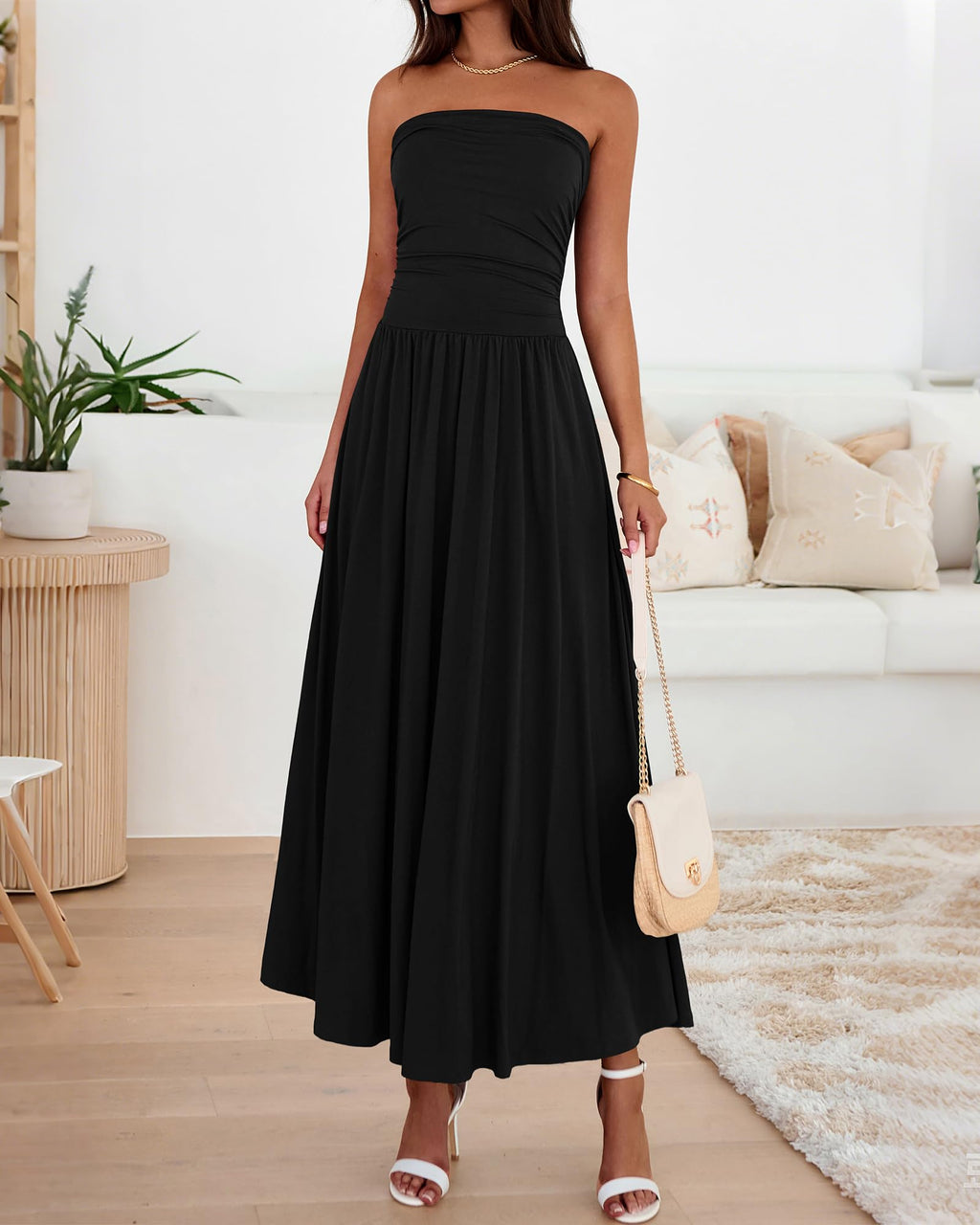 BTFBM Summer Maxi Dresses for Women Strapless Ruched Tube Top Beach Vacation Spring Wedding Guest Dress Pockets