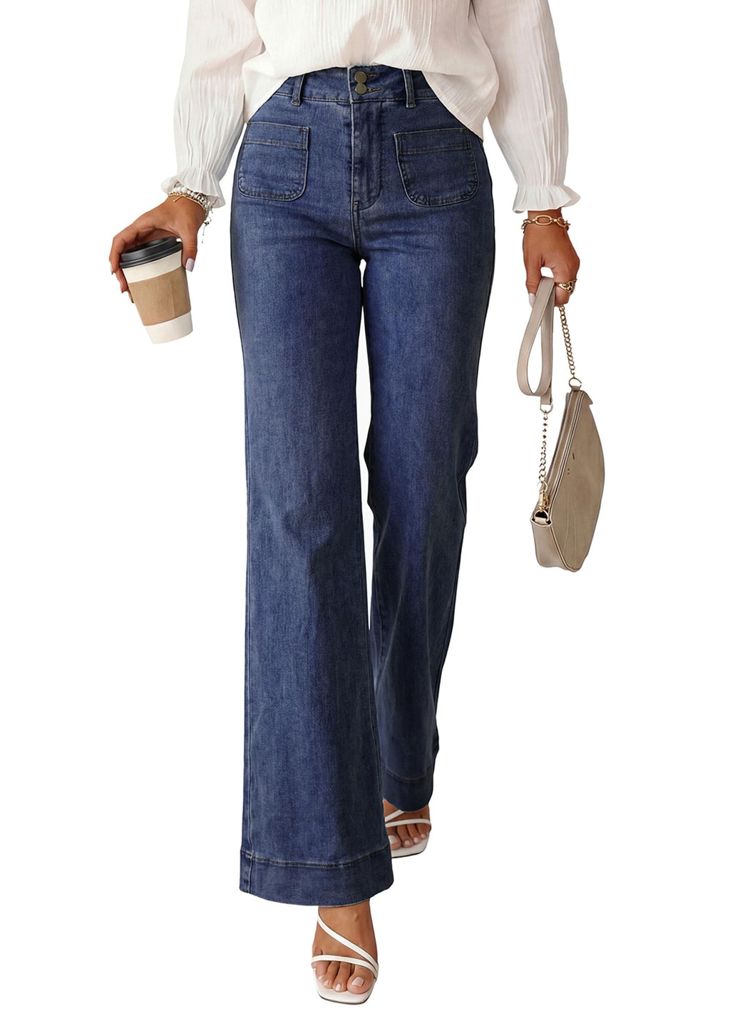 PRETTYGARDEN Womens Wide Leg Jeans High Waisted Stretchy | High Rise Flare Jeans with Front Patch Pockets, Loose Fit Daily Wear Denim, Trendy Office Work Pants, Business Casual Outfits