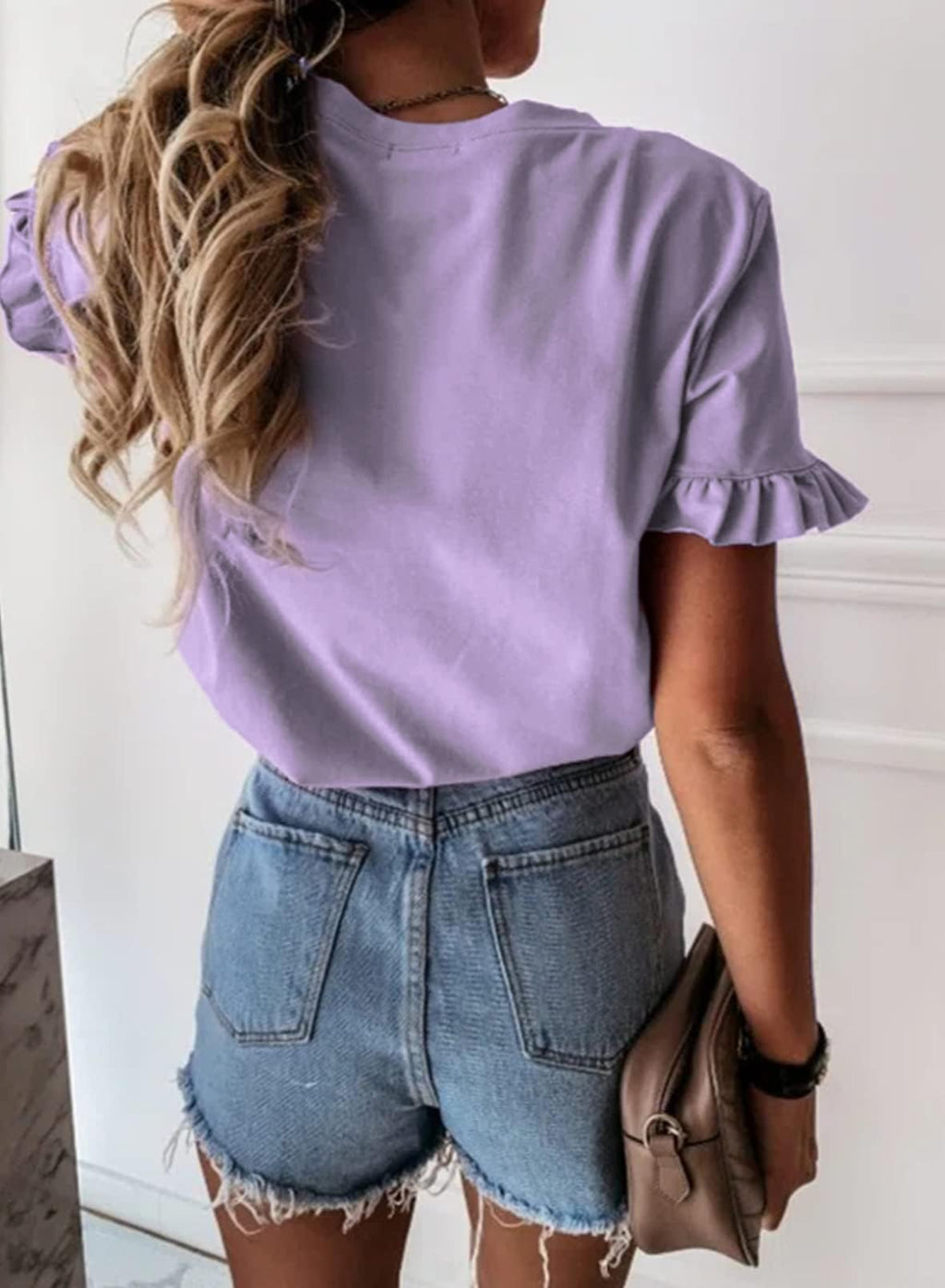 PRETTYGARDEN Women's Short Sleeve Casual T Shirts Summer Ruffle Plain Round Neck Loose Fit Tee Blouse Tops