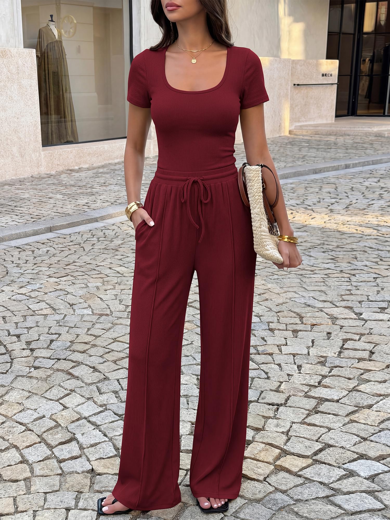 BTFBM Womens Summer 2 Piece Outfits Square Neck Short Sleeve Drawstring Pants Knit Spring Lounge Matching Sets