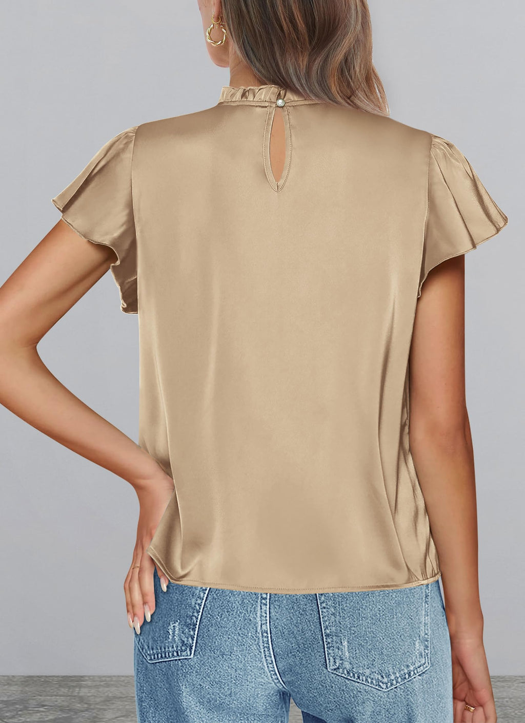 PRETTYGARDEN Business Casual Tops for Women Blouses Dressy  Summer Short Sleeve Ruffle Satin Work Office Attire