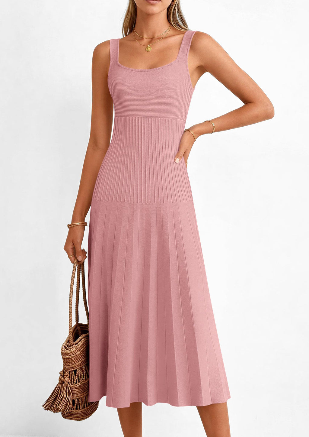 PRETTYGARDEN Spring Dresses for Women Summer Casual Sleeveless Square Neck A Line Knit Pleated Midi Cocktail Party Dress