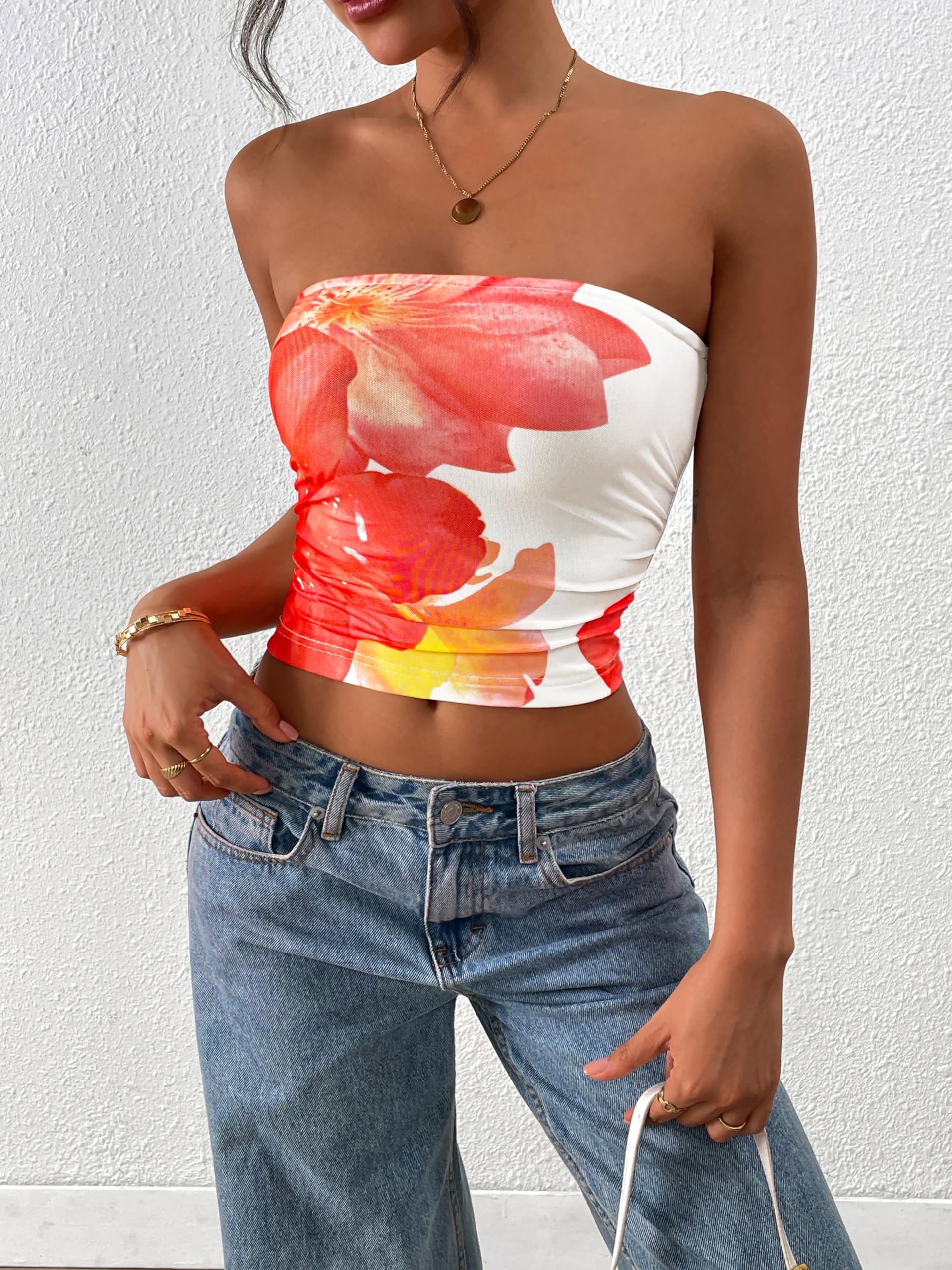 FreshPretty Womens Fashion Summer Floral Mesh Tube Top Ruched Going Out Bandeau Sleeveless Strapless Crop Tops Y2k Clothes