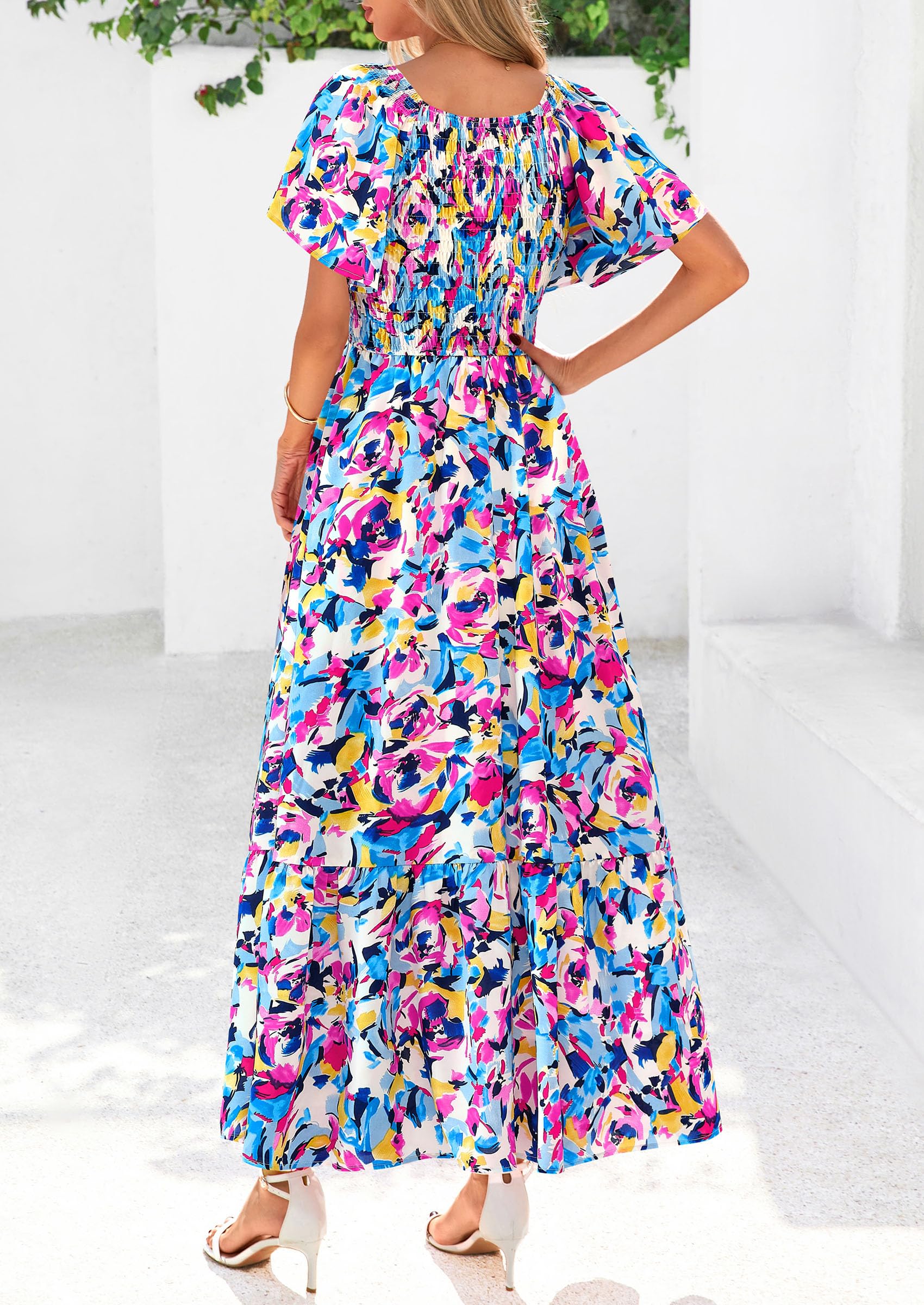 PRETTYGARDEN Boho Dresses for Women Summer Floral Short Sleeve V Neck Smocked Flowy Beach Vacation Maxi Dress