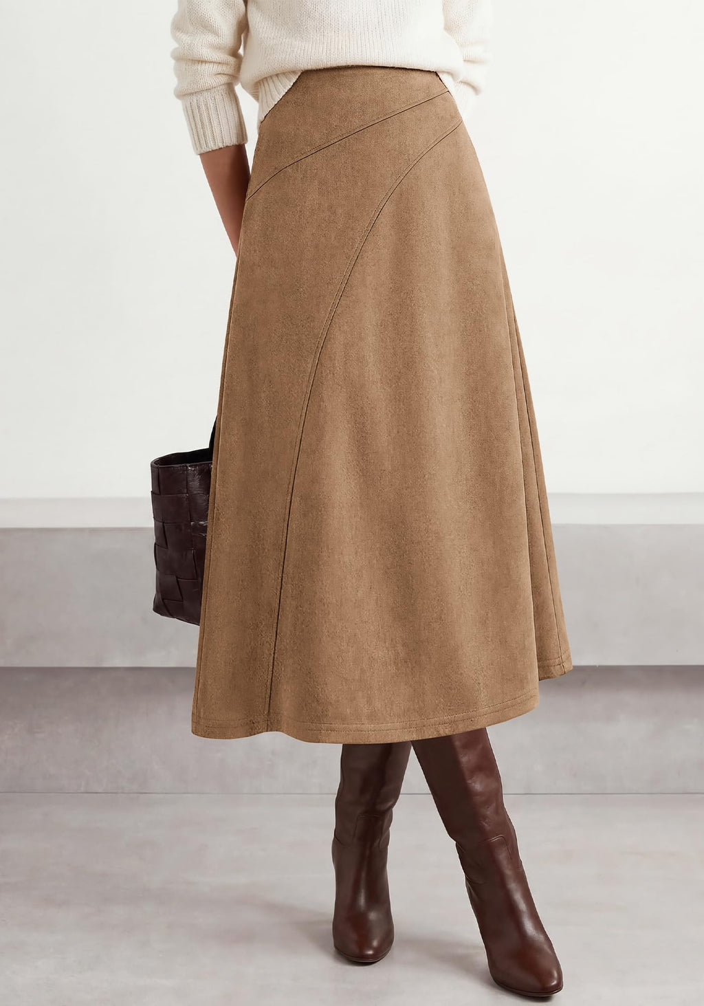 BTFBM Women Faux Suede Midi Long Skirt Fall Fashion | High Waisted Skirts For Women Trendy, Lightweight, Back Elastic, Arc Line Design, A-Line, Winter Dress, Boho Western Outfits