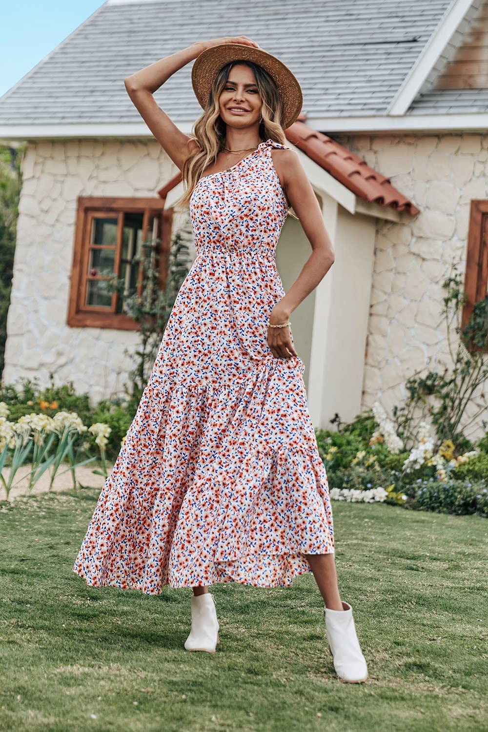 PRETTYGARDEN Women's Summer Floral One Shoulder Maxi Dress Knot Ruffle Boho Beach Vacation Wedding Guest Long Sun Dresses