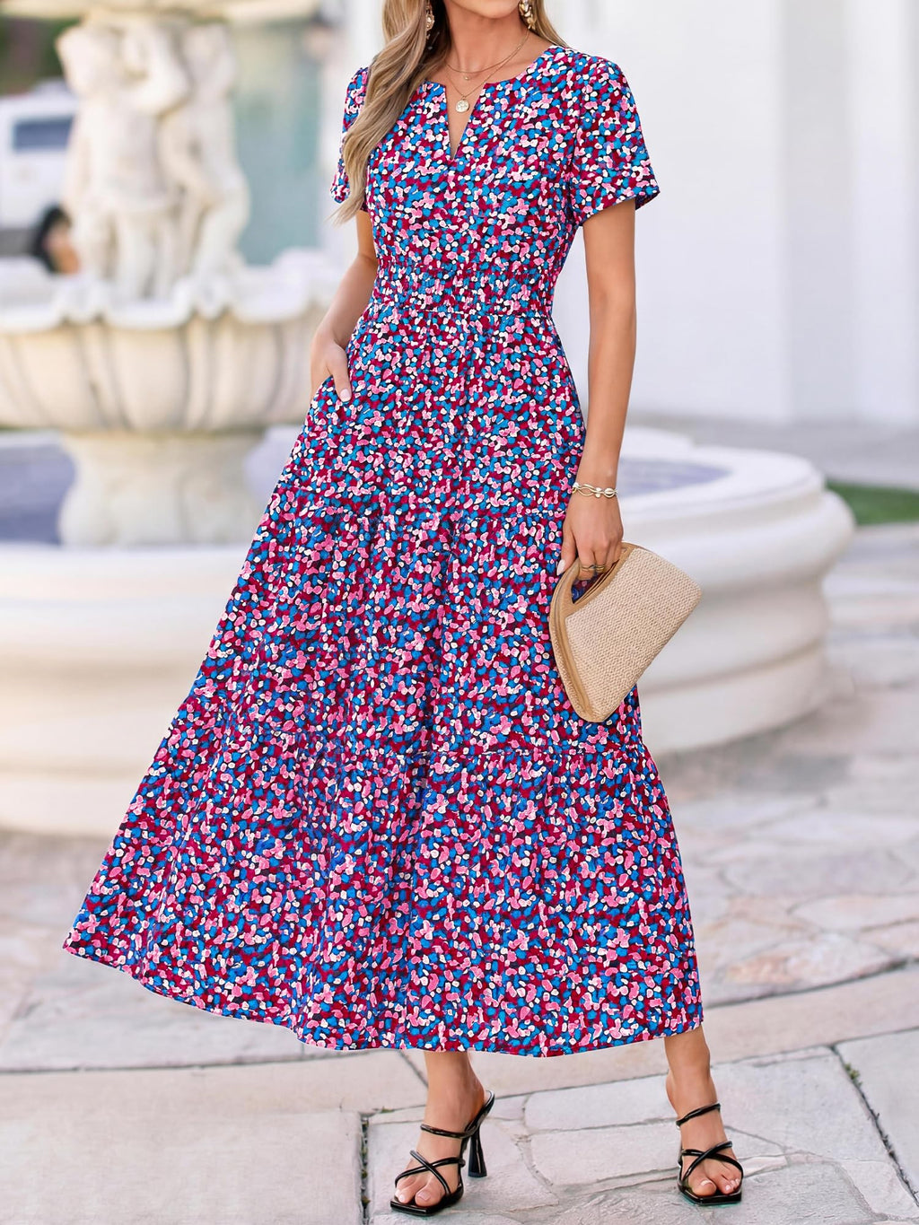 BTFBM Womens Summer Floral Maxi Dresses V Neck Short Sleeve Boho Casual Flowy Long Wedding Guest Dress Beach Vacation