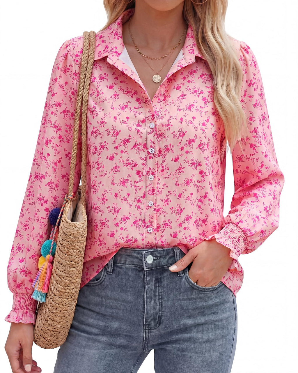BTFBM Long Sleeve Blouses for Women, Floral V Neck Button Down Shirts, Smocked Cuffs, Business Casual Summer Outfits