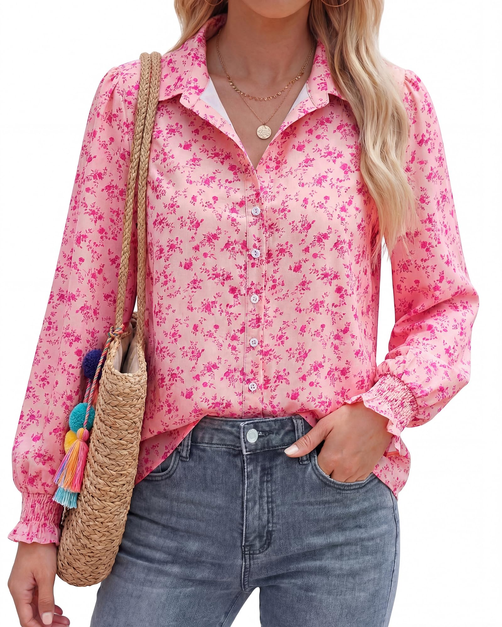 BTFBM Long Sleeve Blouses for Women, Floral V Neck Button Down Shirts, Smocked Cuffs, Business Casual Summer Outfits