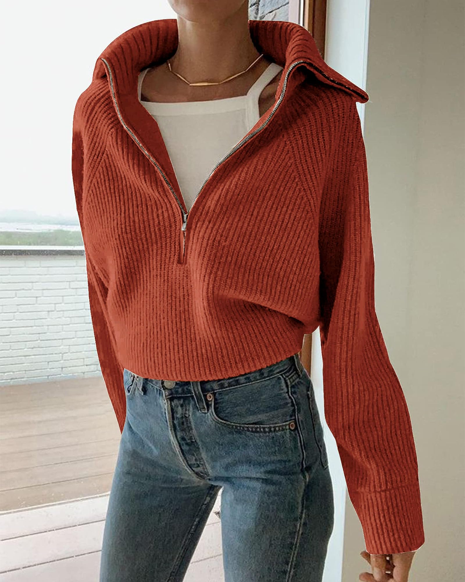 FreshPretty Womens Sweaters Quarter Zip Pullover V Neck Collar Long Sleeve Ribbed Knit Loose Casual Winter Fall Sweater