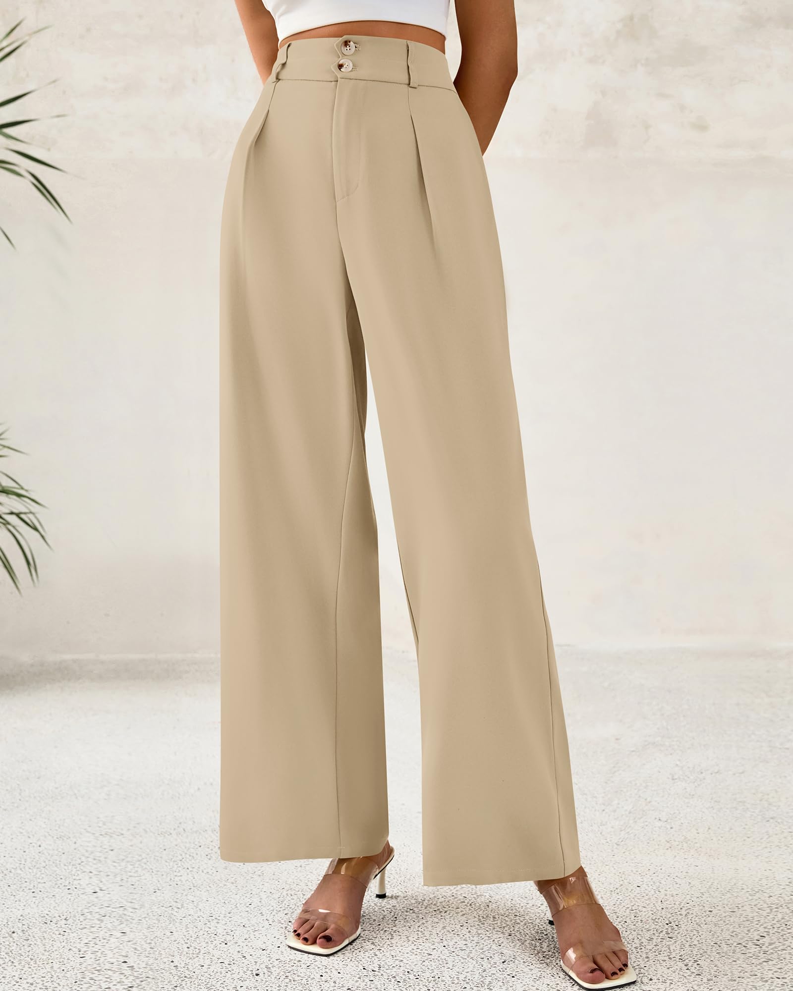 BTFBM Women Wide Leg Dress Pants High Waisted Button Pleated Business Casual Trousers Office Work Palazzo Pants