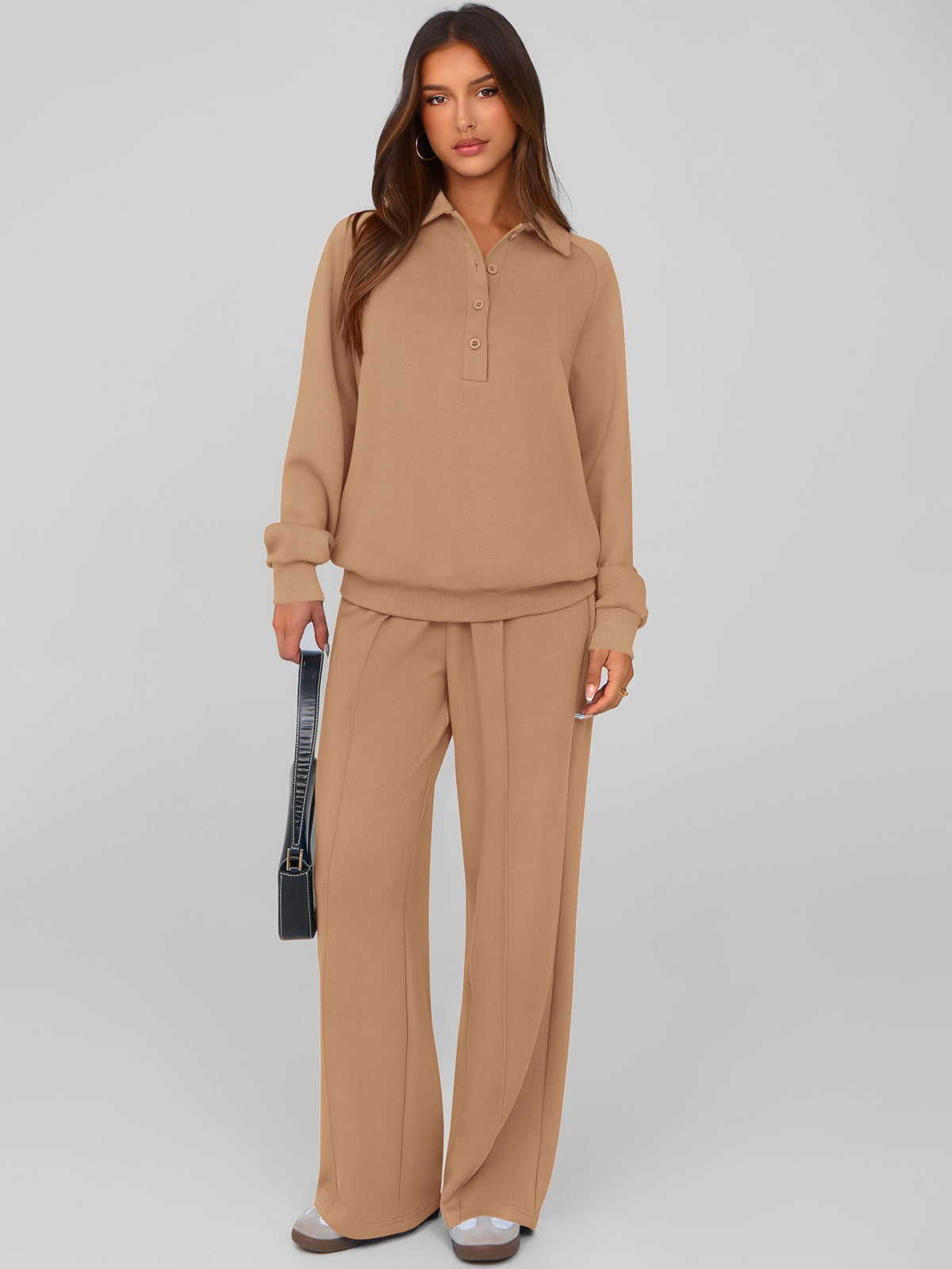 PRETTYGARDEN Women Fall 2 Piece Outfits Sweatsuits Lounge Sets Quarter Button Long Sleeve Sweatshirt, Wide Leg Sweat Pants, Casual 2 Piece Sets Tracksuit, Airport Travel Outfits for Women