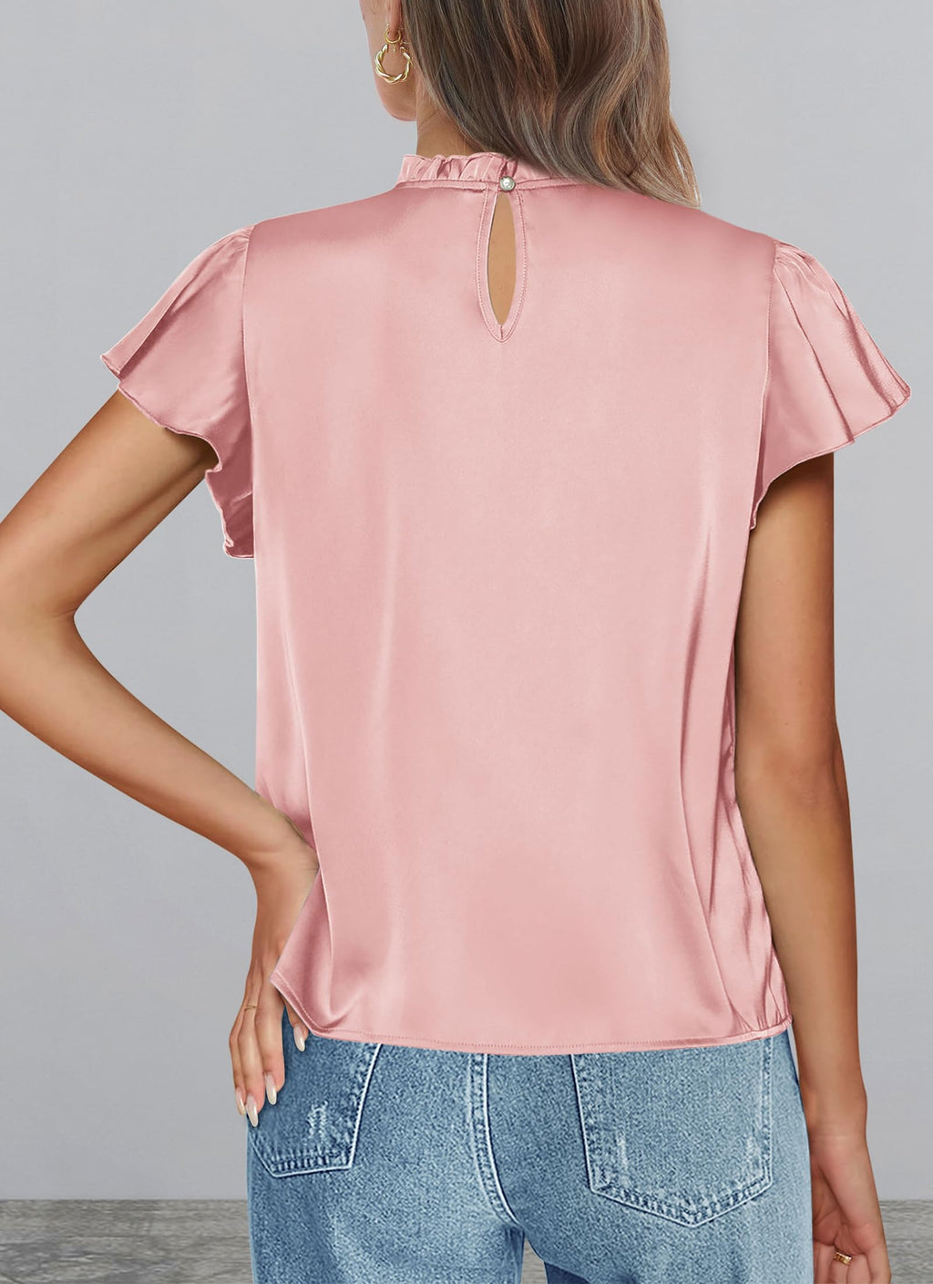 PRETTYGARDEN Business Casual Tops for Women Blouses Dressy  Summer Short Sleeve Ruffle Satin Work Office Attire