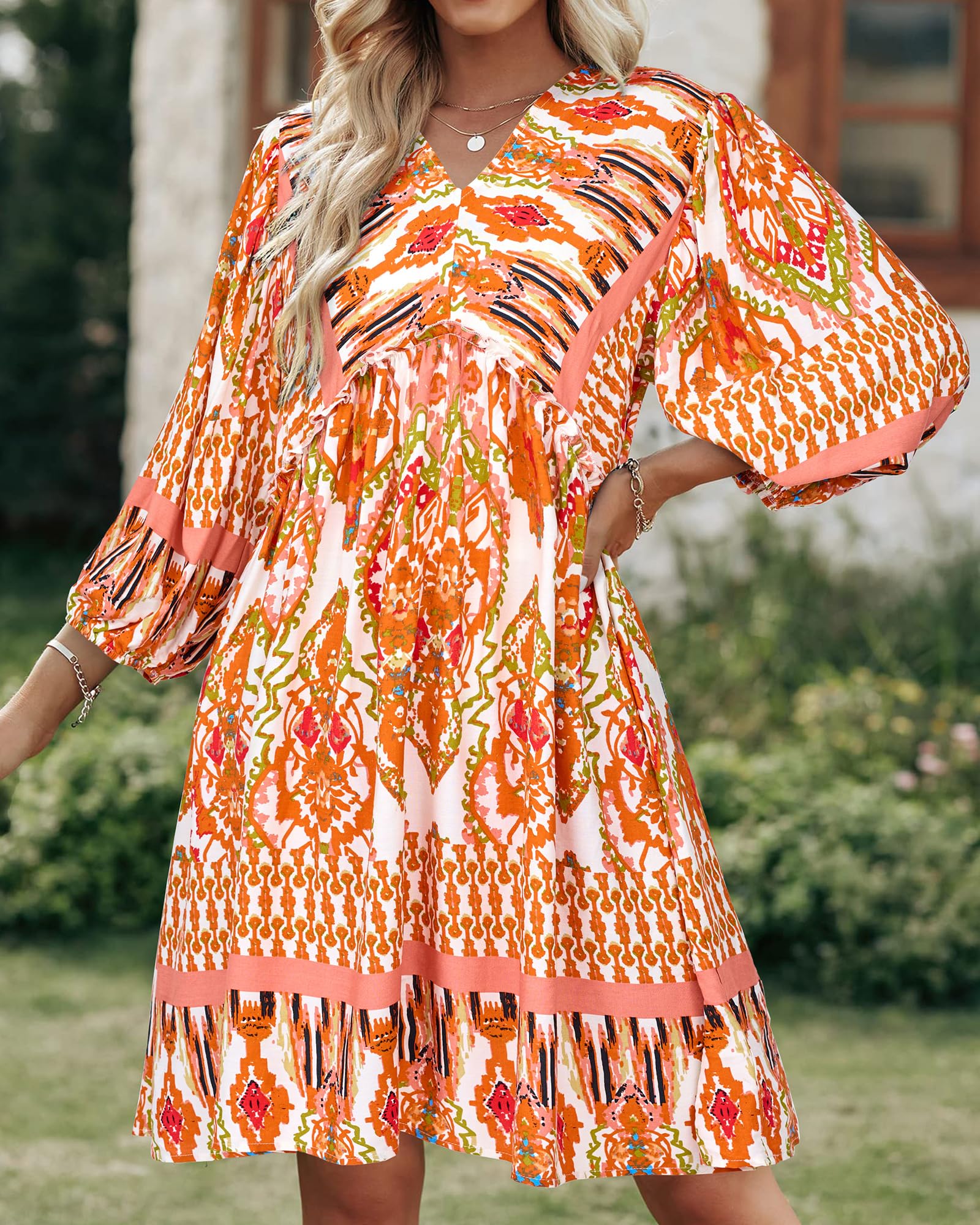 BTFBM Women Casual Spring Summer Dresses V Neck 3/4 Long Sleeve Ruffle Floral Flowy Boho Babydoll Mini Short Beach Dress