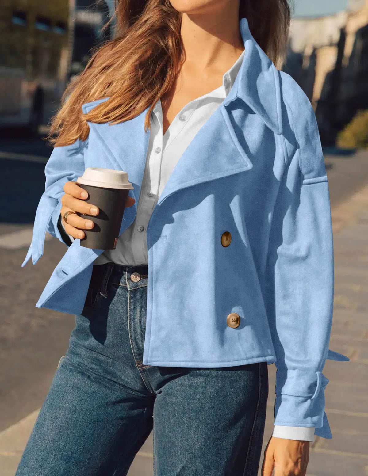PRETTYGARDEN Women Faux Suede Double Breasted Trench Coat Cropped Jackets Raglan Long Sleeve,Lapel,Tie Cuff,Button Down,Fall Fashion Outerwear,Winter Clothes,Work Office Casual Short Jacket