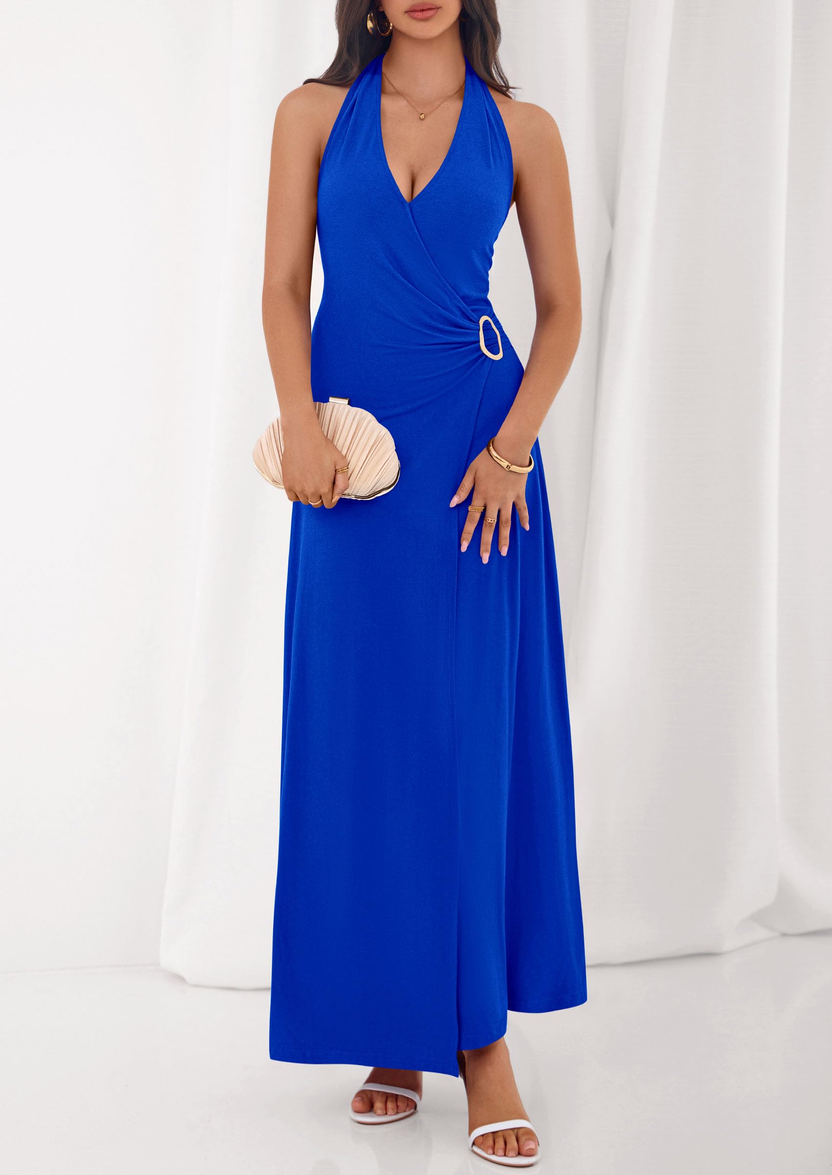 PRETTYGARDEN Holiday Cocktail Dresses for Women Summer Elegant V Neck Halter Backless Wedding Guest Party Midi Dress