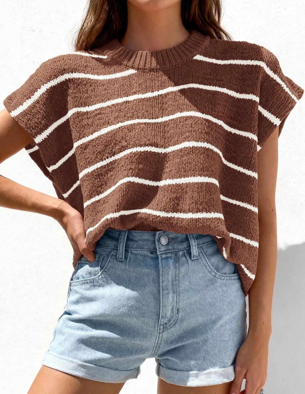 PRETTYGARDEN Womens Summer Short Sleeve Tops Trendy Crew Neck Striped Knit Sweater Business Casual Spring Clothes