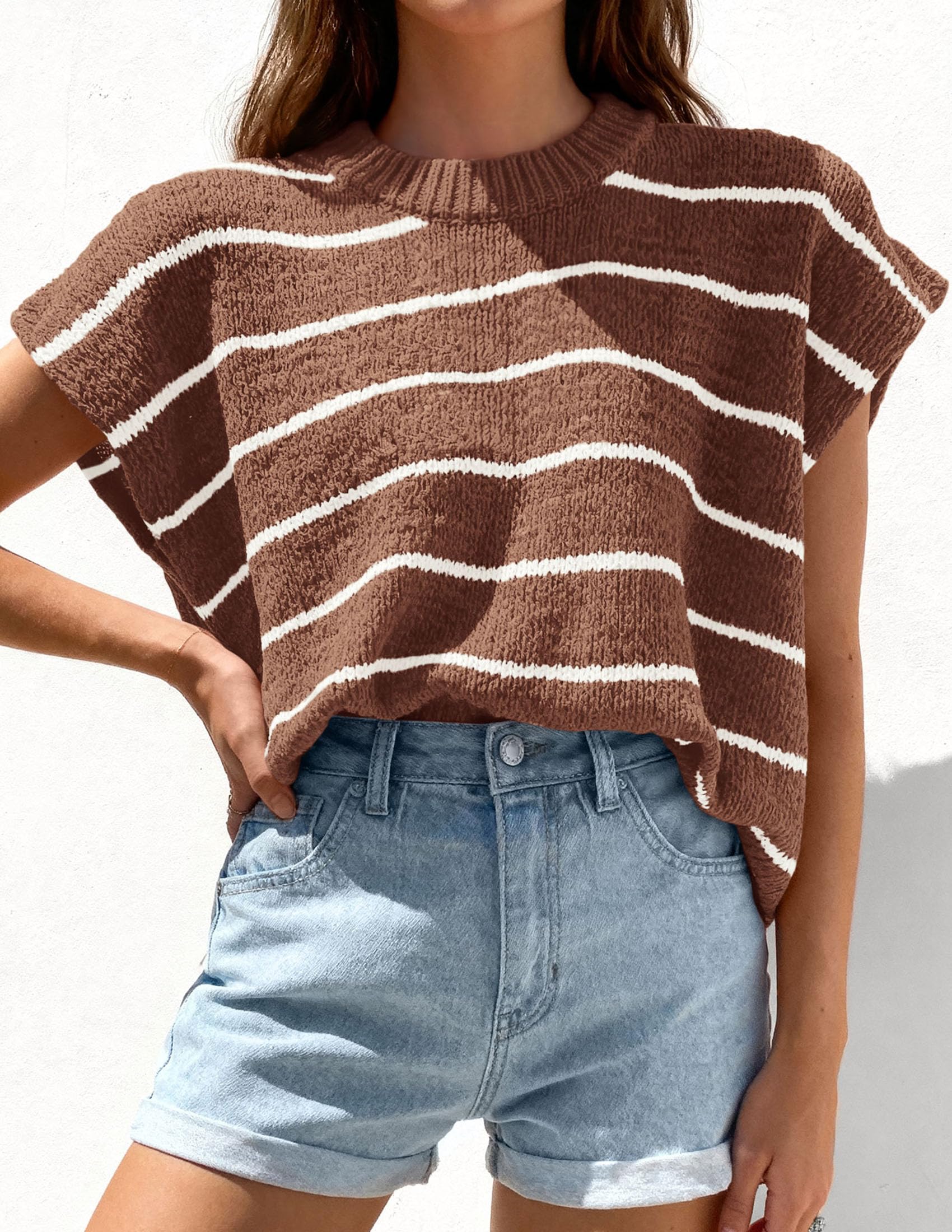 PRETTYGARDEN Womens Summer Short Sleeve Tops Trendy Crew Neck Striped Knit Sweater Business Casual Spring Clothes