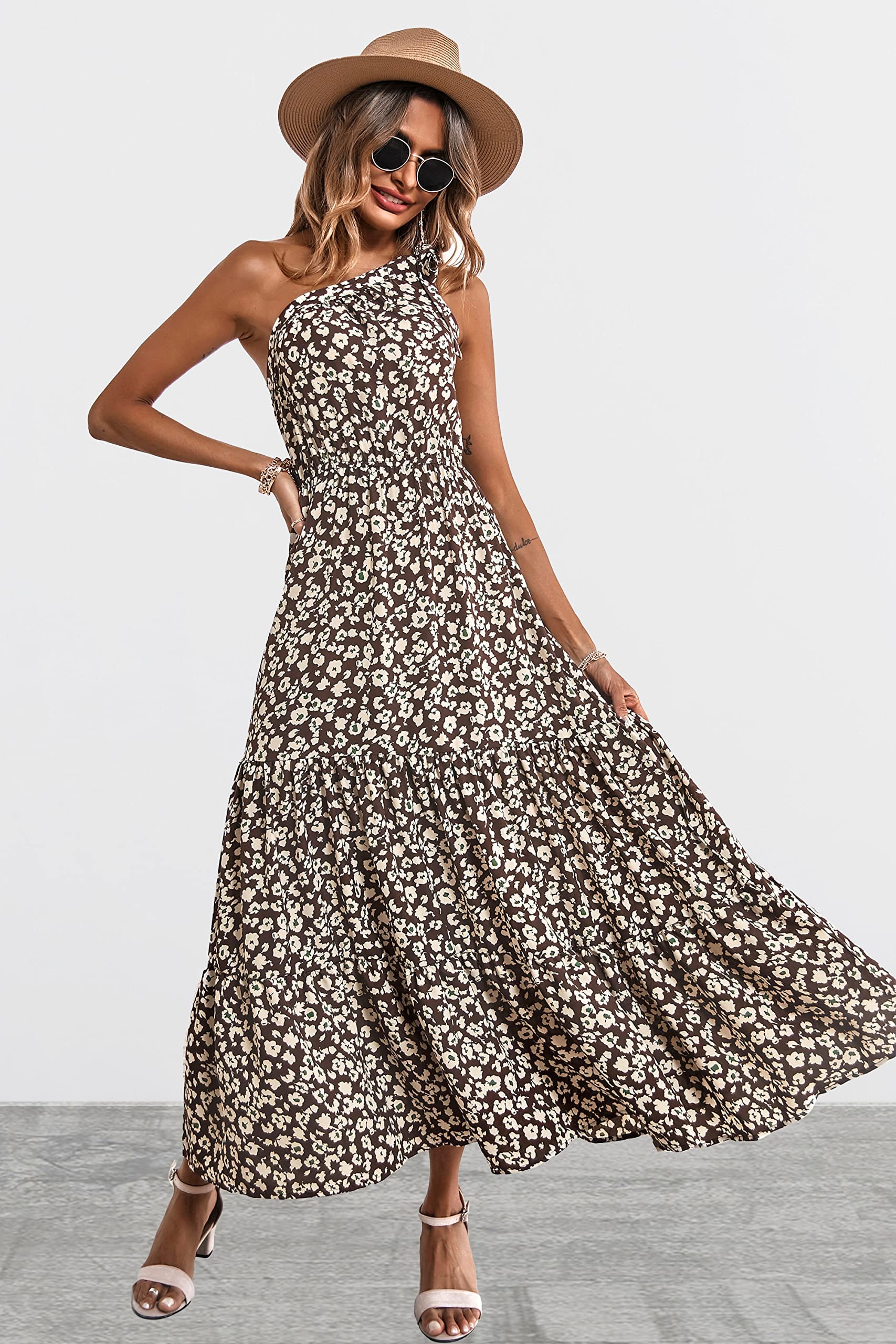 PRETTYGARDEN Women's Summer Floral One Shoulder Maxi Dress Knot Ruffle Boho Beach Vacation Wedding Guest Long Sun Dresses