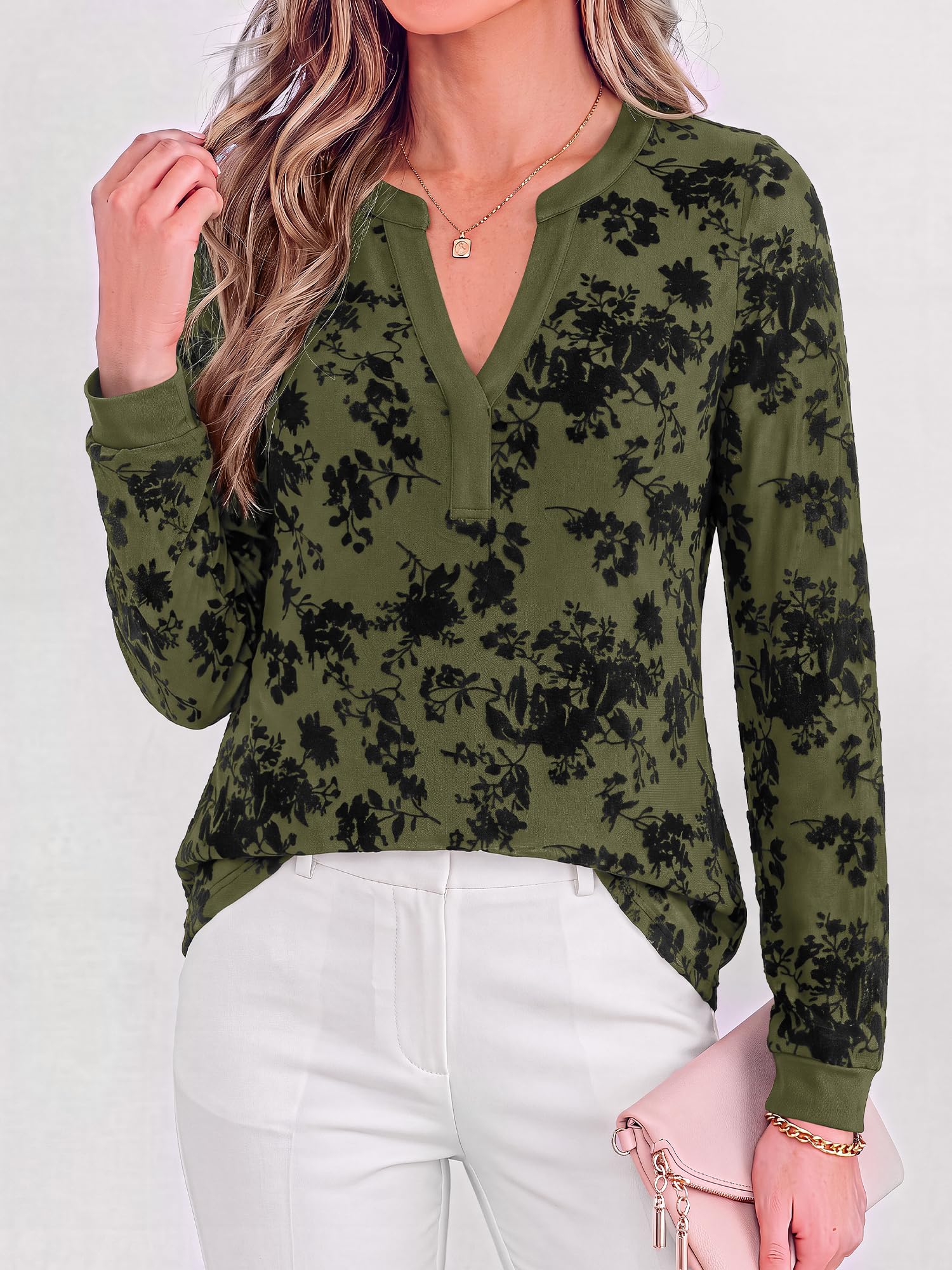 BTFBM Womens Tops Floral Sheer Mesh Long Sleeve Blouses Dressy Casual V Neck Flocked Mesh Shirts,Velvet-Like Flowers,Double Layered,Loose Fit Tunics,Business Casual Top,Fall Fashion Clothing
