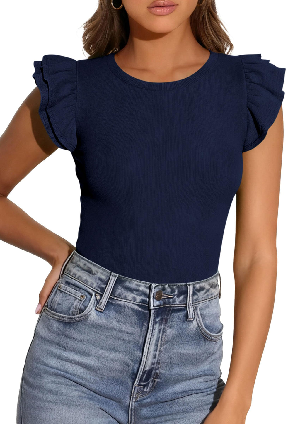 PRETTYGARDEN Womens Summer Crew Neck T Shirts Trendy Ruffle Sleeve Slim Fit Knit Going Out Tops Casual Spring Clothes