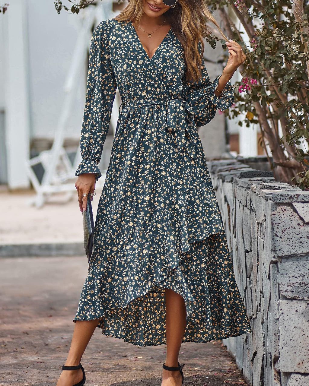 BTFBM Womens Dresses Summer V Neck Floral High Waist Ruffle Wedding Guest Cocktail Boho Spring Long Sleeve Dress
